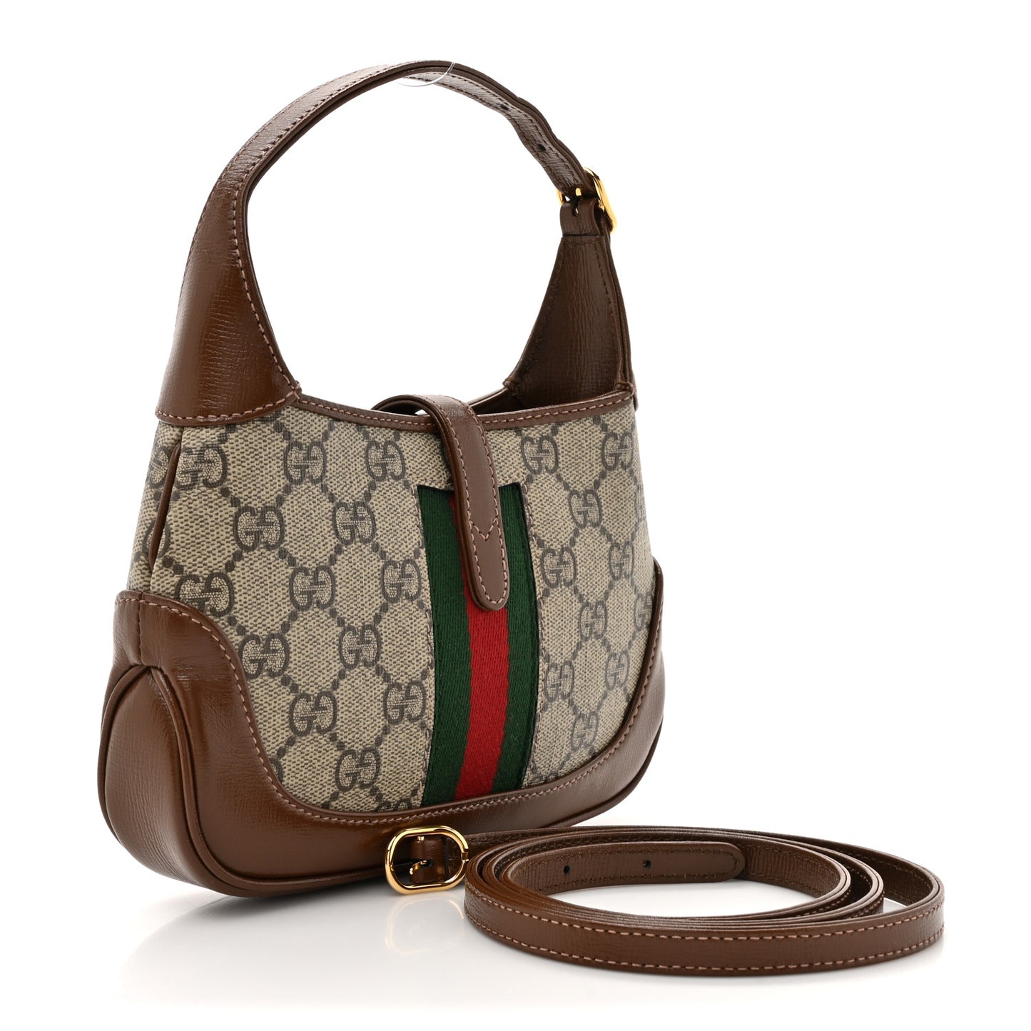 GG Supreme Monogram Azalea Calfskin Web Mini Jackie 1961 Hobo Beige Ebony Brown Sugar