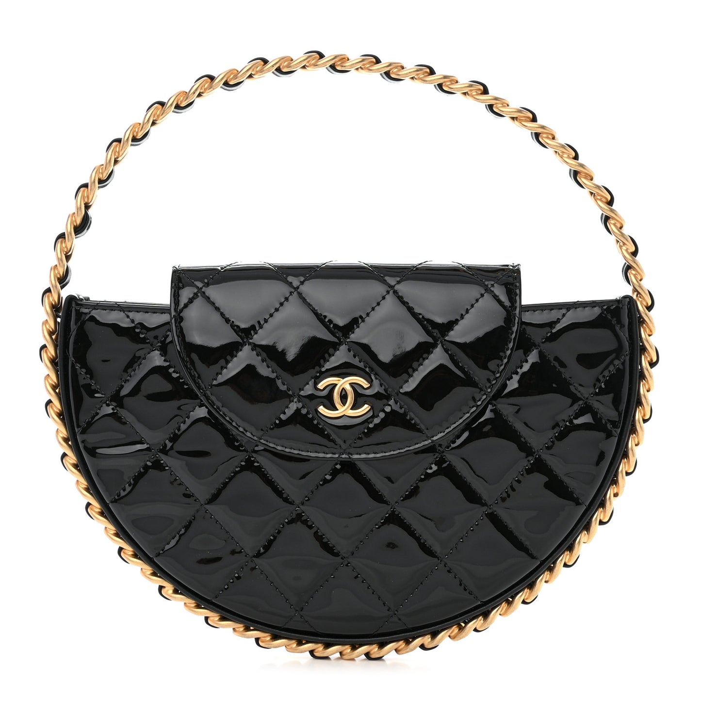 Patent Calfskin Quilted Chain Hoop Bag Black