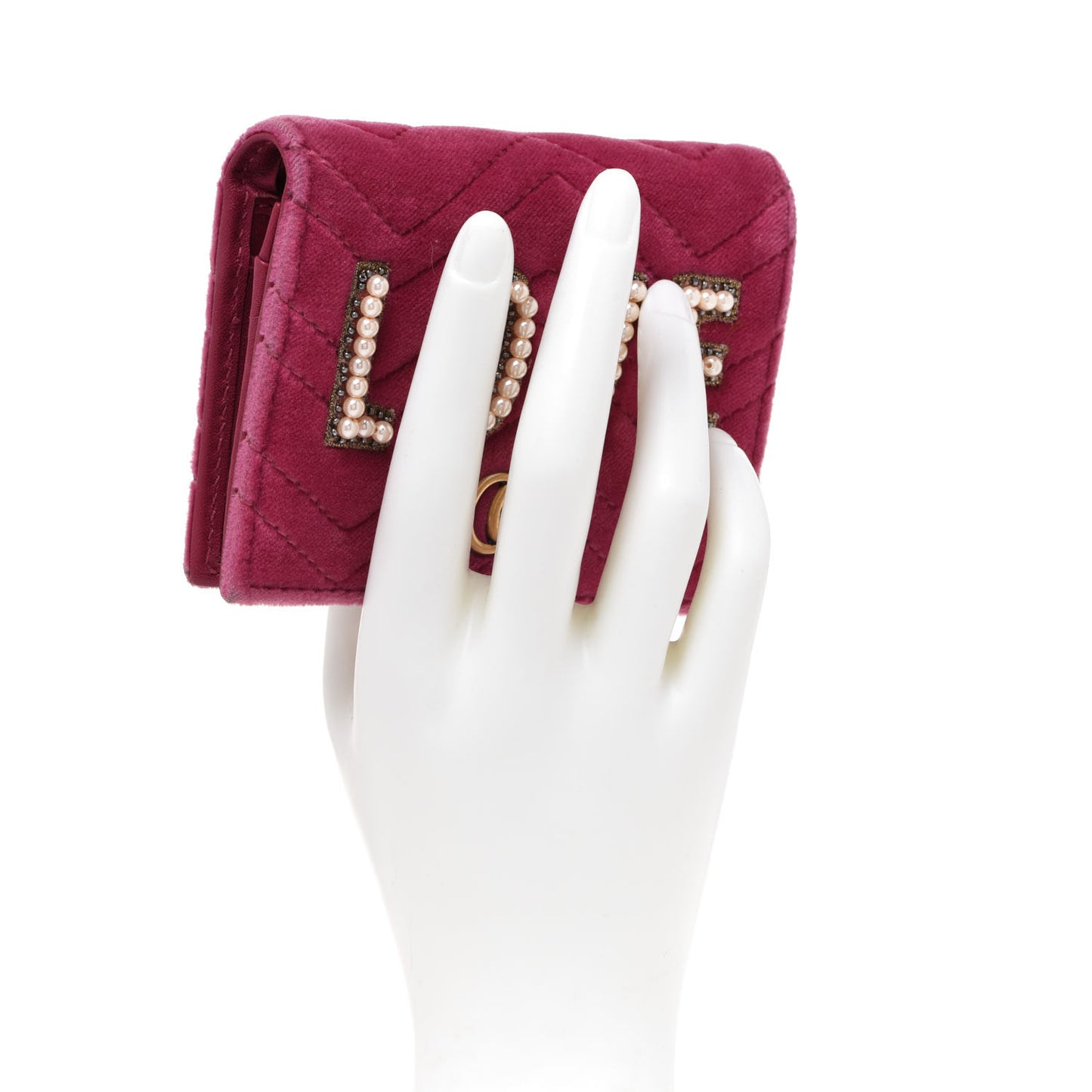 Velvet Matelasse Pearl Love Embroidered GG Marmont Card Case Wallet Light Raspberry Rose