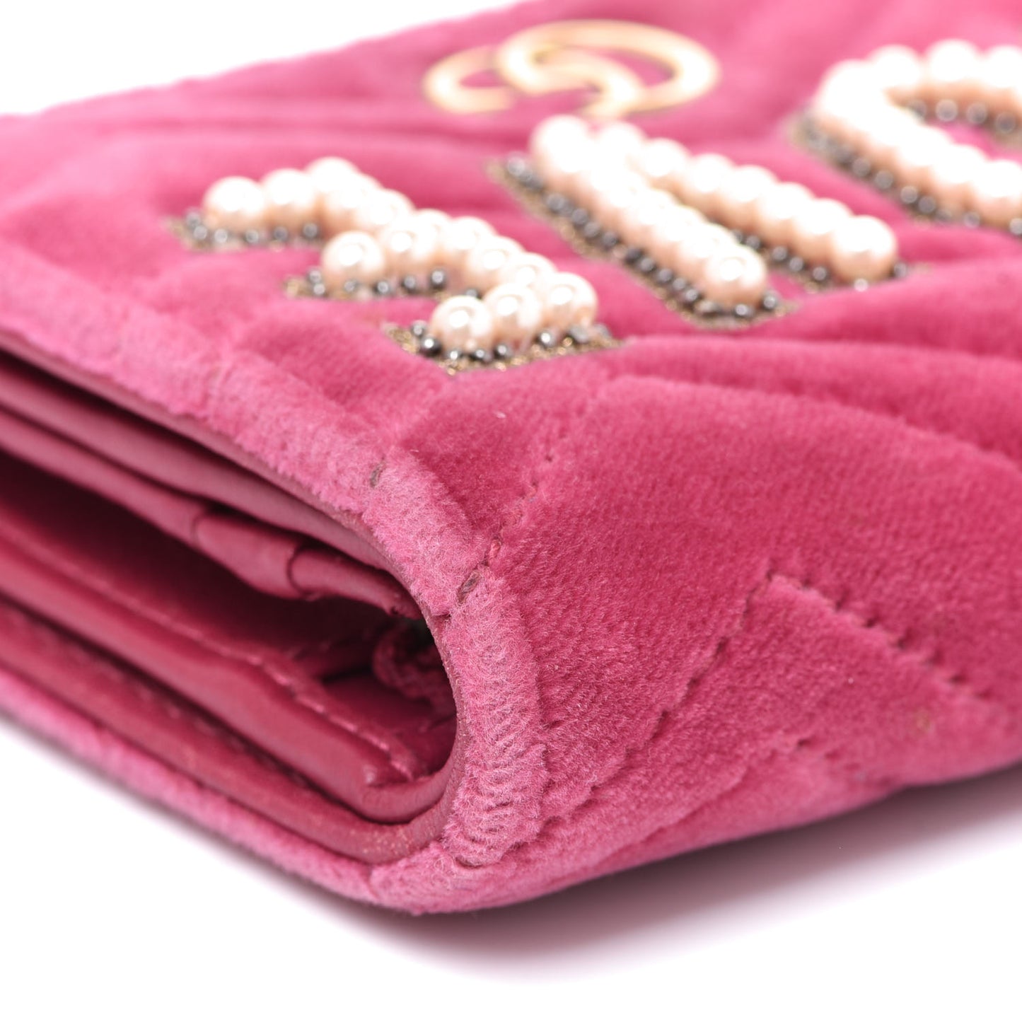 Velvet Matelasse Pearl Love Embroidered GG Marmont Card Case Wallet Light Raspberry Rose