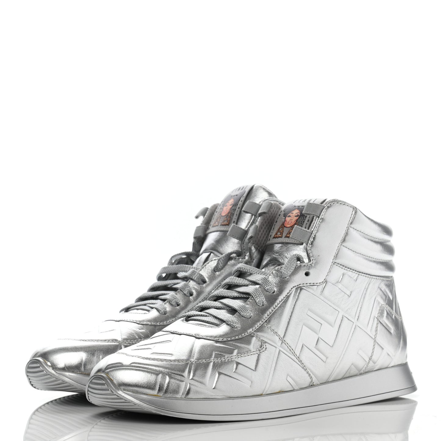 X NICKI MINAJ Metallic Nappa Macro FF Embossed Prints On High Top Sneakers 40 Silver
