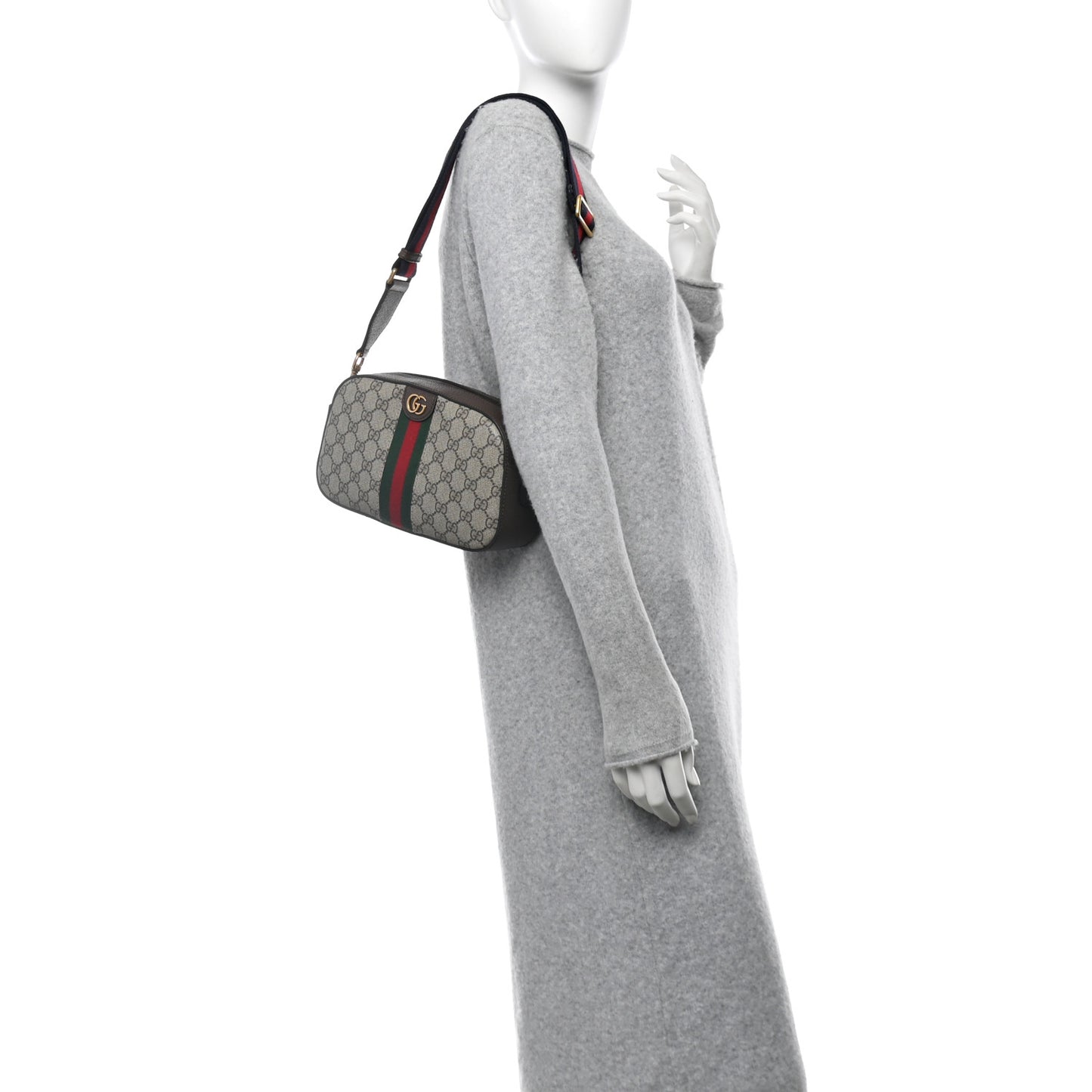 GG Supreme Monogram Textured Dollar Calfskin Web Ophidia Wristlet Shoulder Bag Beige Ebony New Acero