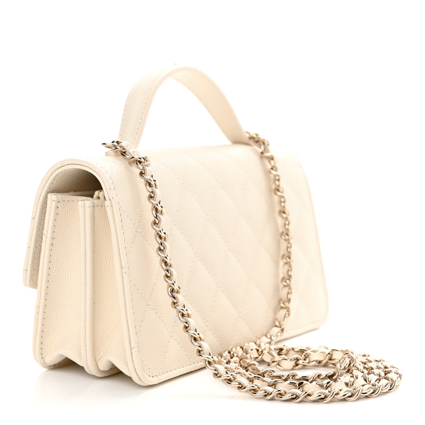 Caviar Quilted Trendy Handle Clutch With Chain Ecru
