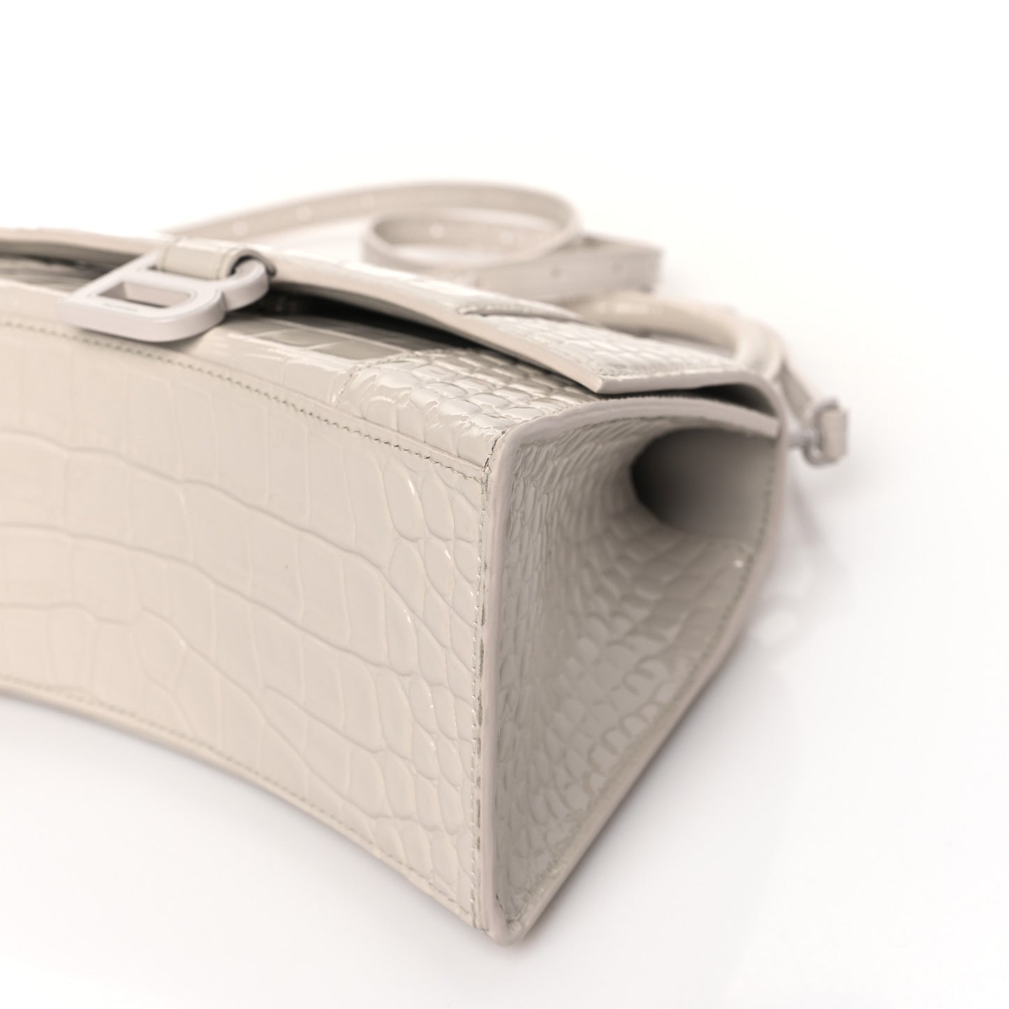 Shiny Calfskin Monochrome Crocodile Embossed Hourglass Top Handle Bag XS Nacre