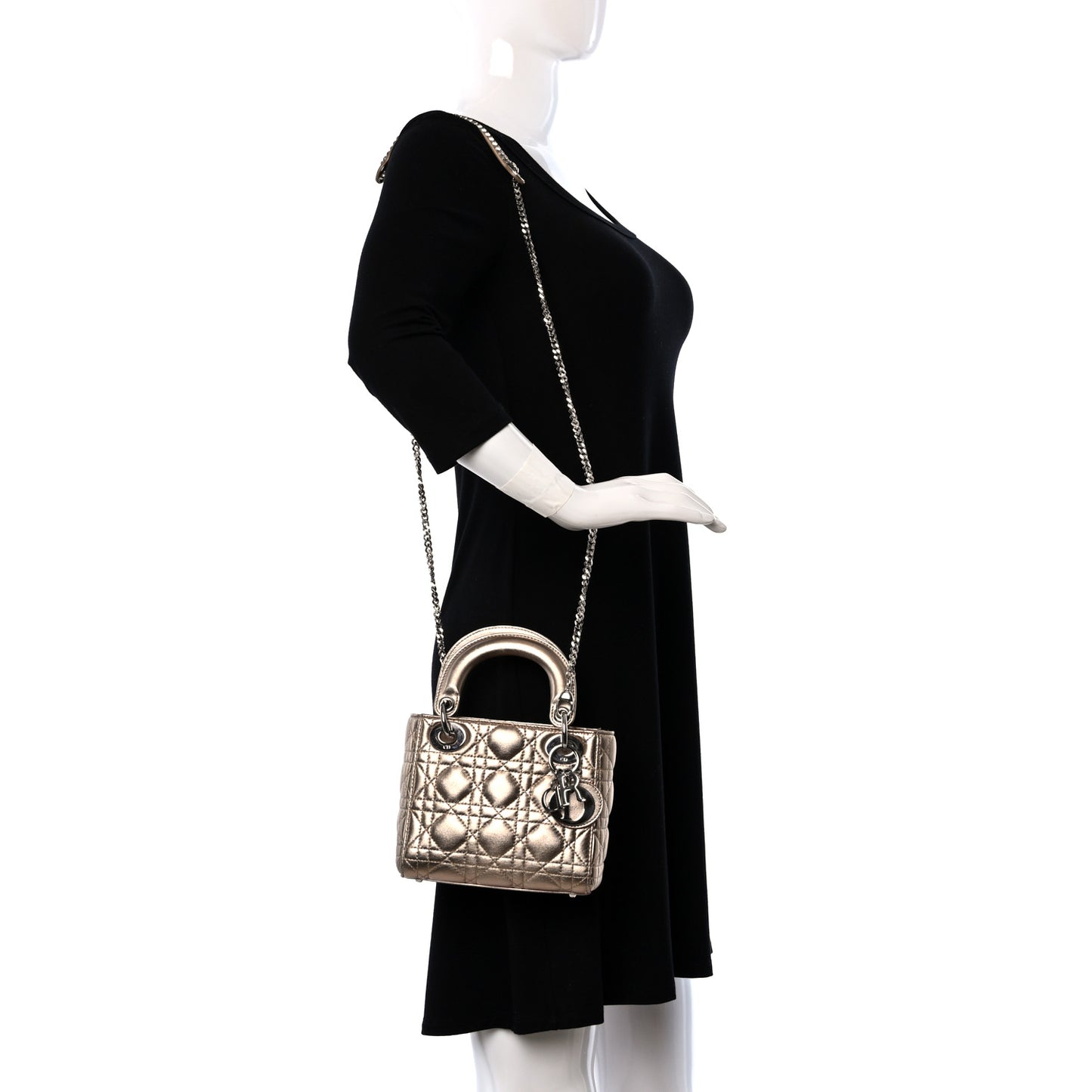 Metallic Lambskin Cannage Mini Lady Dior Gold