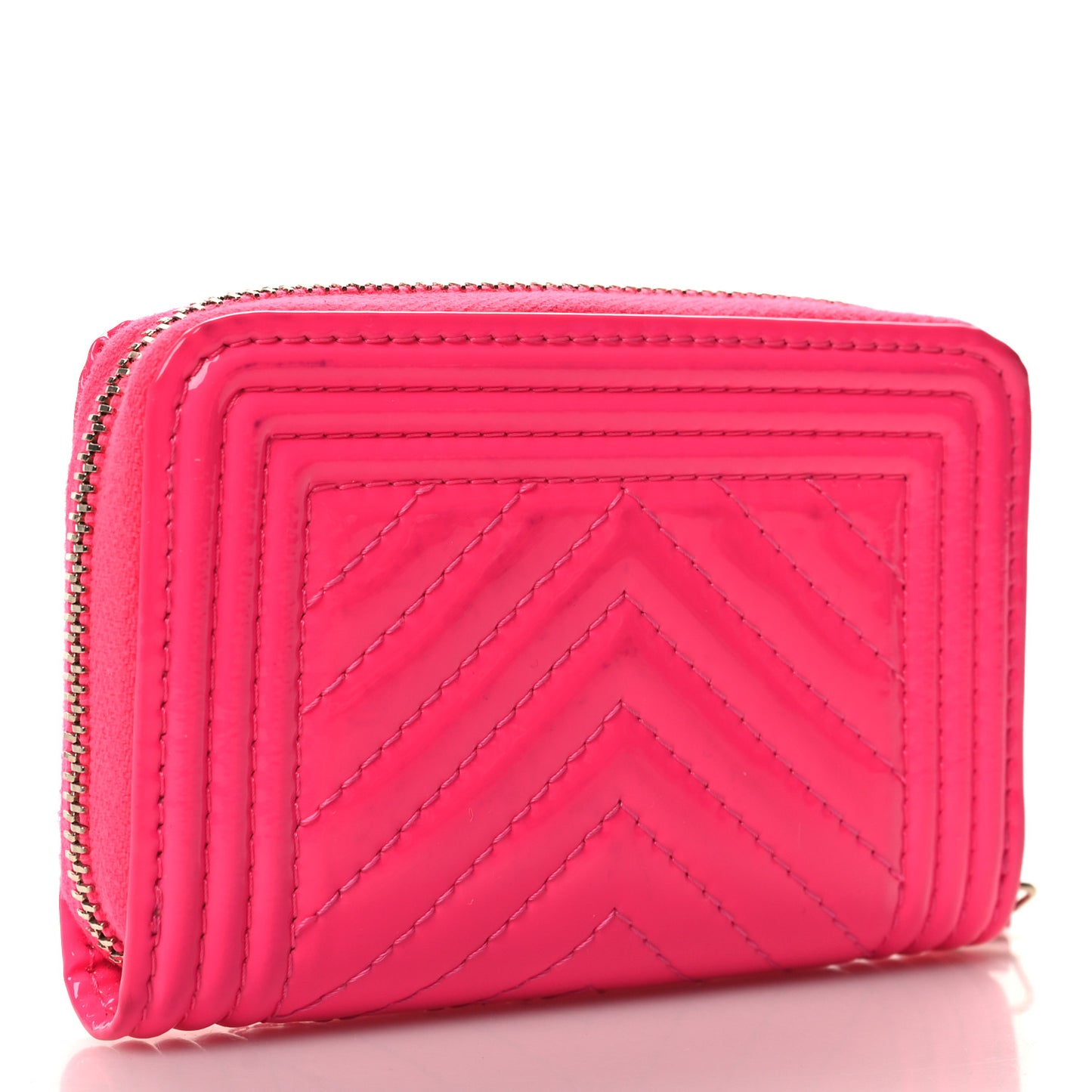 Patent Chevron Quilted Zip Around Boy Coin Purse Wallet Neon Pink