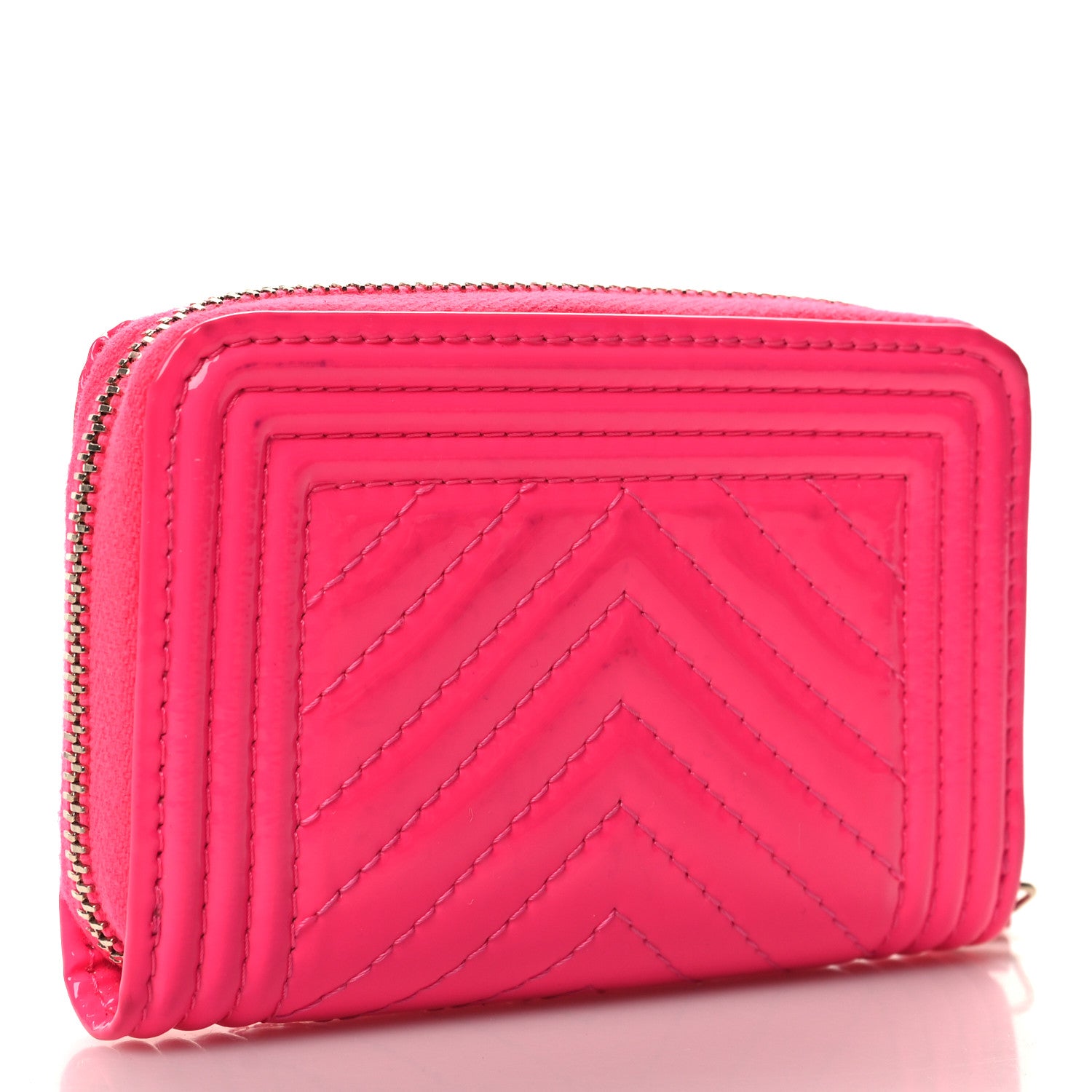 Chanel Patent Chevron Quilted Zip Around Boy Coin Purse Wallet Neon Pink 3 of 8