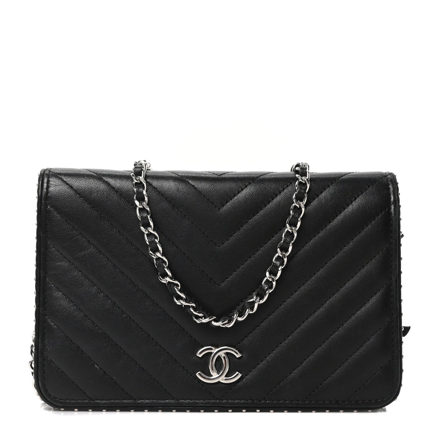 Chanel Lambskin Chevron Quilted Studded Wallet On Chain WOC Black