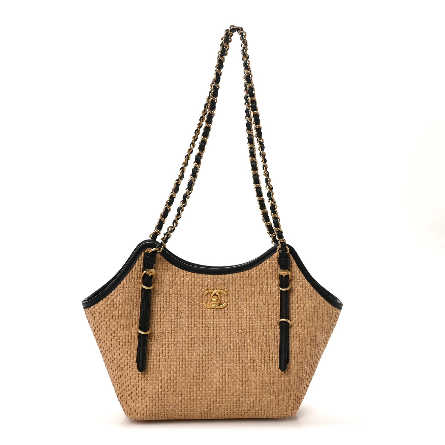 Chanel Braided Raffia Stitched Small Shopping Bag Dark Beige Black