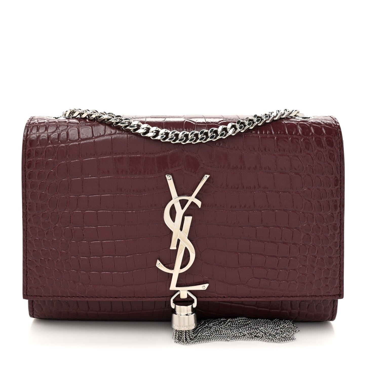 Calfskin Crocodile Embossed Small Classic Monogram Kate Tassel Satchel Palissandre