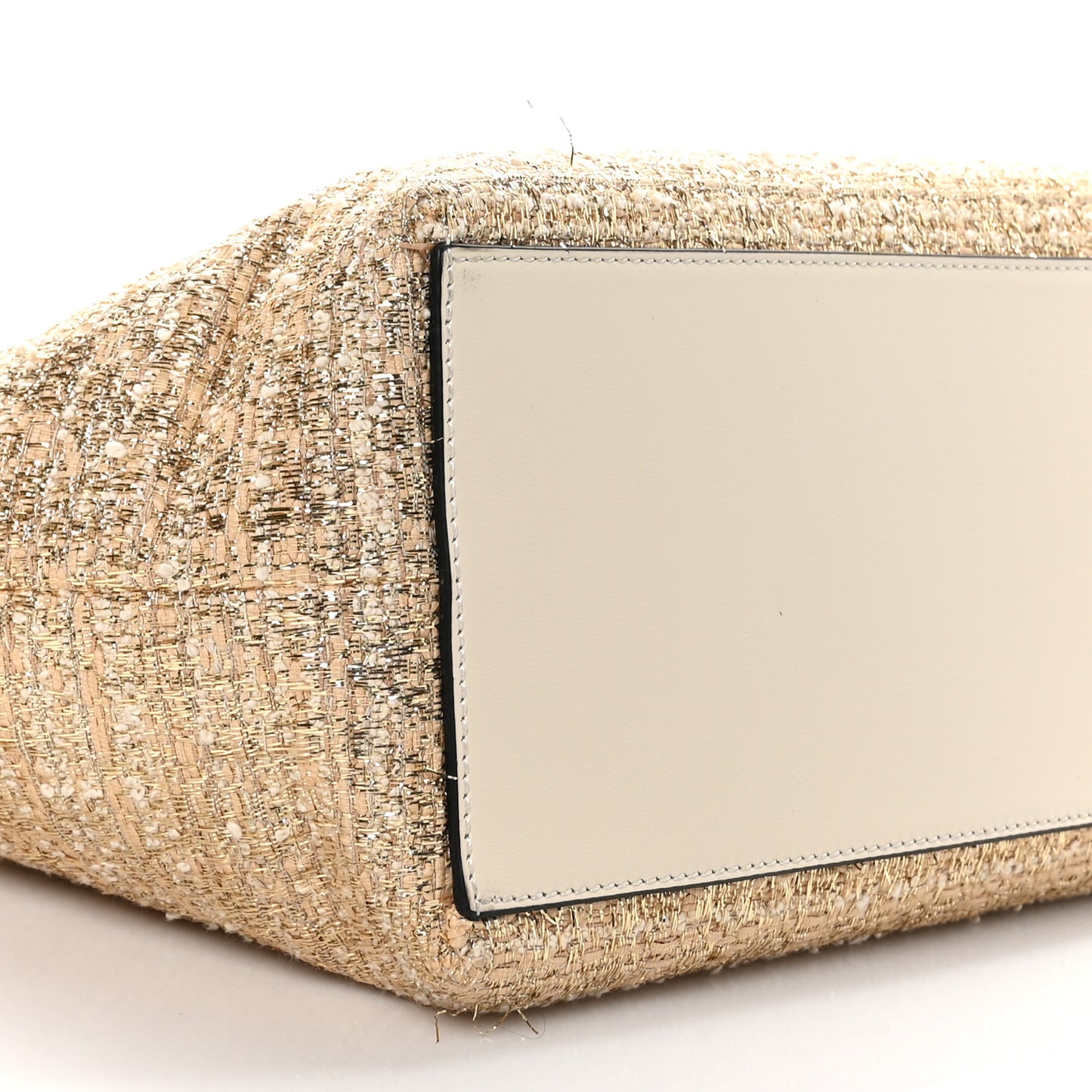 Metallic Boucle Raffia Calfskin Rockstud Shoulder Tote White Gold Ivory