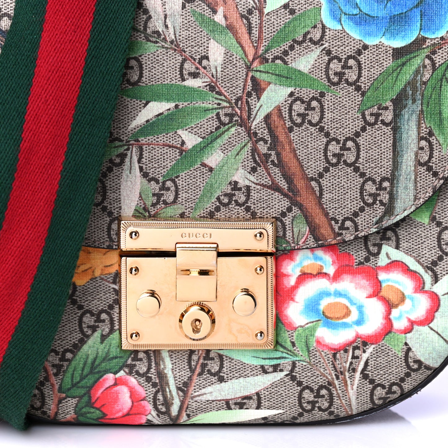 GG Supreme Monogram Tian Web Medium Padlock Messenger Shoulder Bag Beige Multicolor New Acero