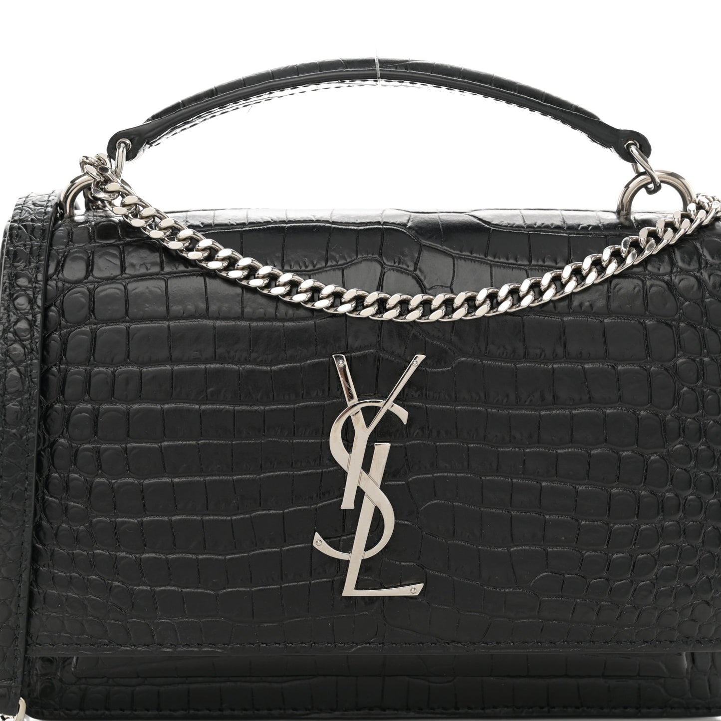 Calfskin Crocodile Embossed Monogram Sunset Chain Wallet Black