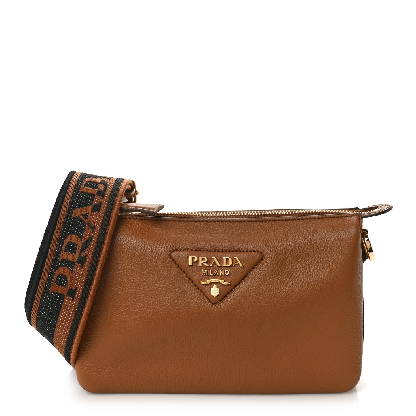 Vitello Daino Soft Mini Zippered Shoulder Bag Caramel