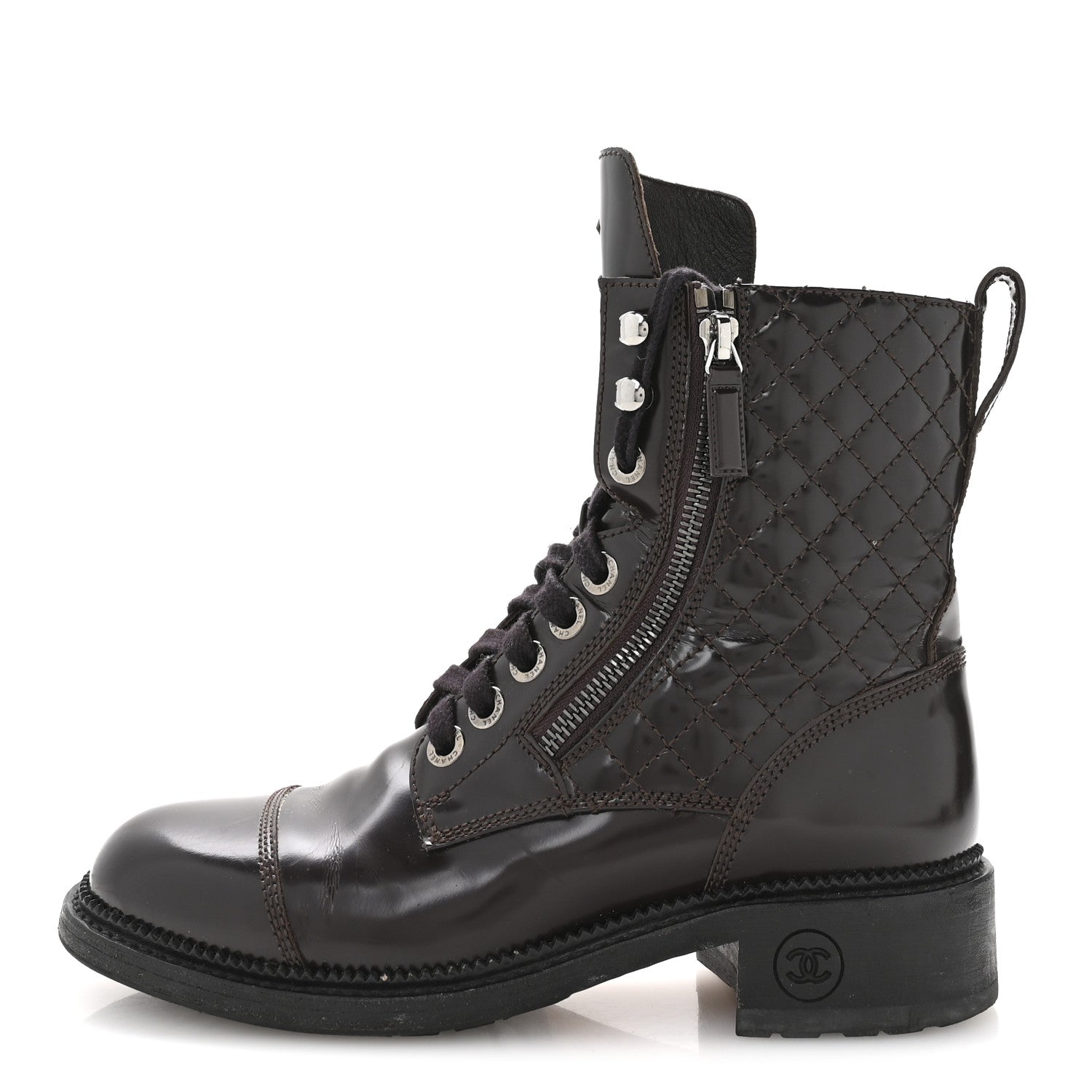 Chanel Shiny Calfskin Quilted CC Lace Up Combat Boots 37.5 Dark