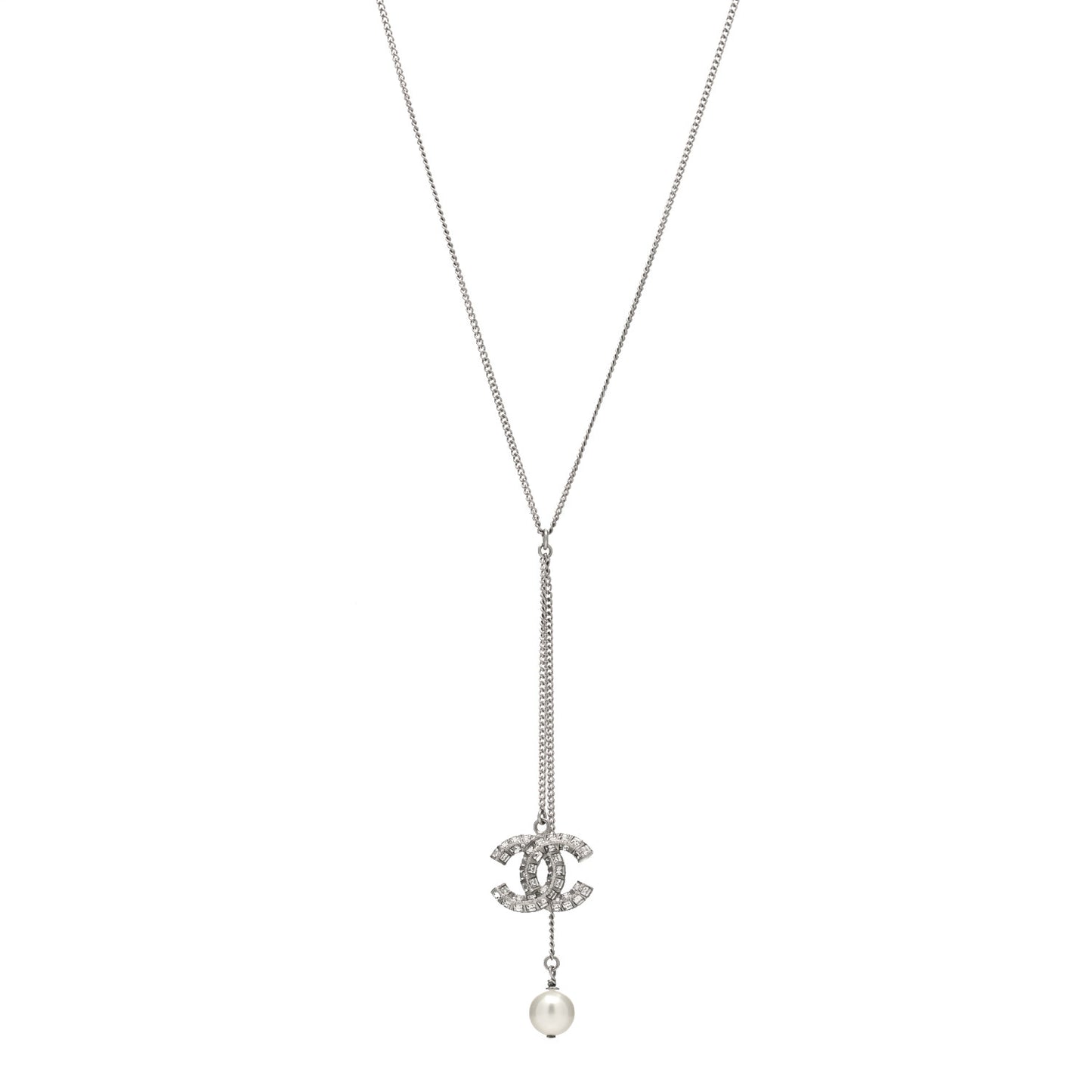 Baguette Crystal Pearl CC Lariat Necklace Silver