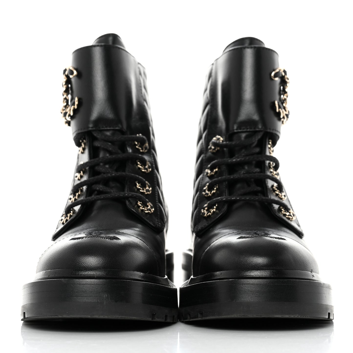 Shiny Calfskin Quilted Lace Up Combat Boots 36.5 Black