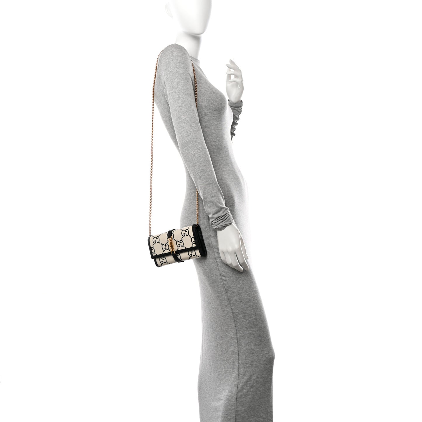 Azalea Calfskin GG Monogram Bi-Color Debossed Jackie 1961 Chain Wallet Mystic White Black