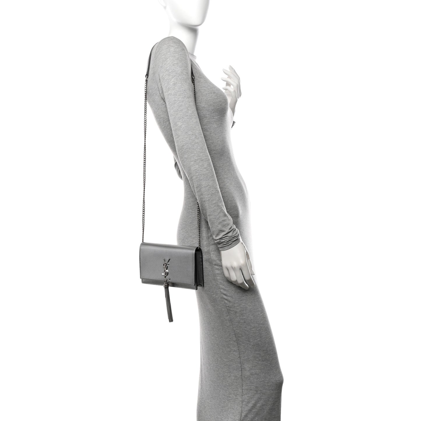Metallic Grain De Poudre Kate Monogram Tassel Chain Wallet Silver