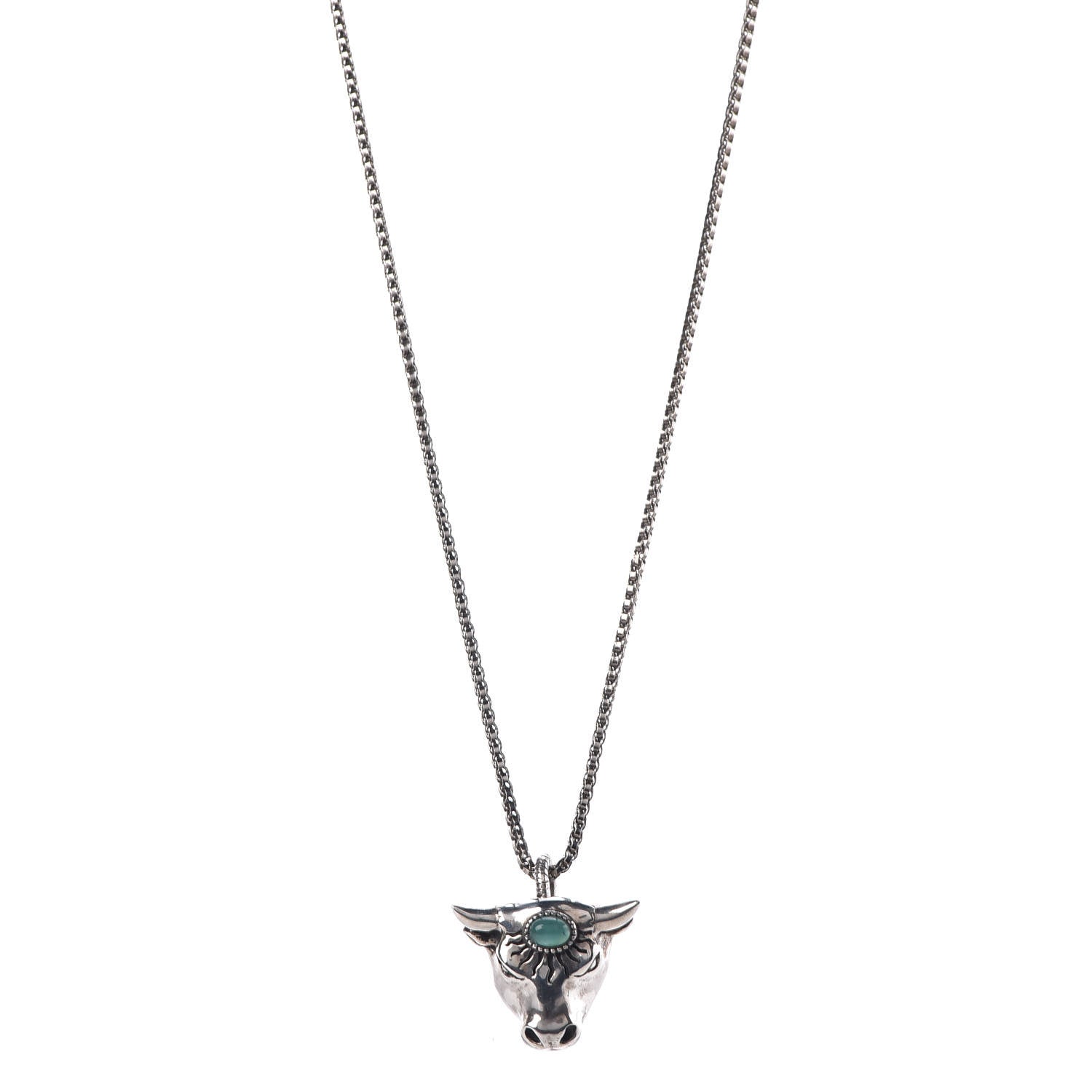 Gucci Sterling Silver Glass Anger Forest Bull Head Necklace Green