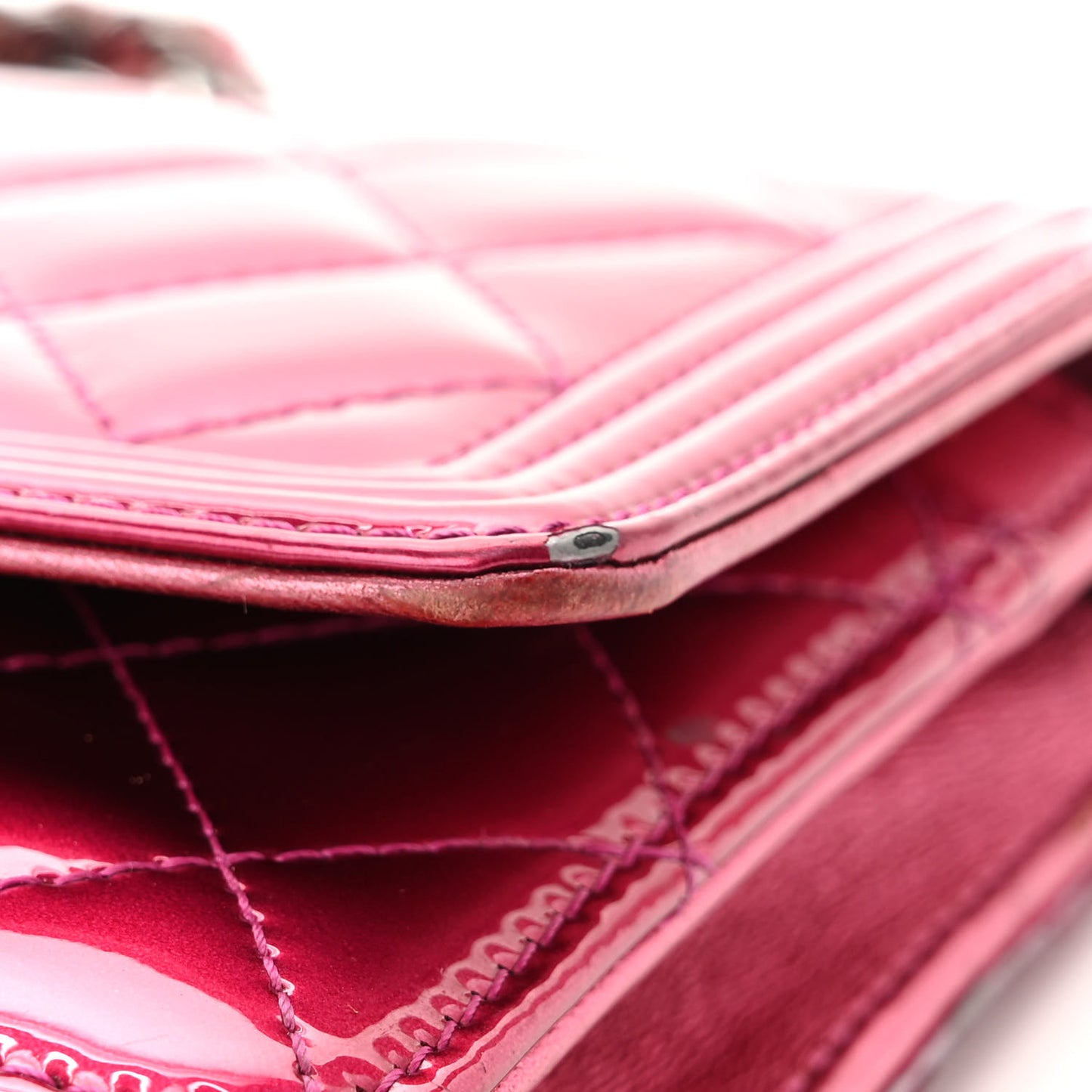 Metallic Patent Calfskin Quilted Boy Wallet On Chain WOC Fuchsia