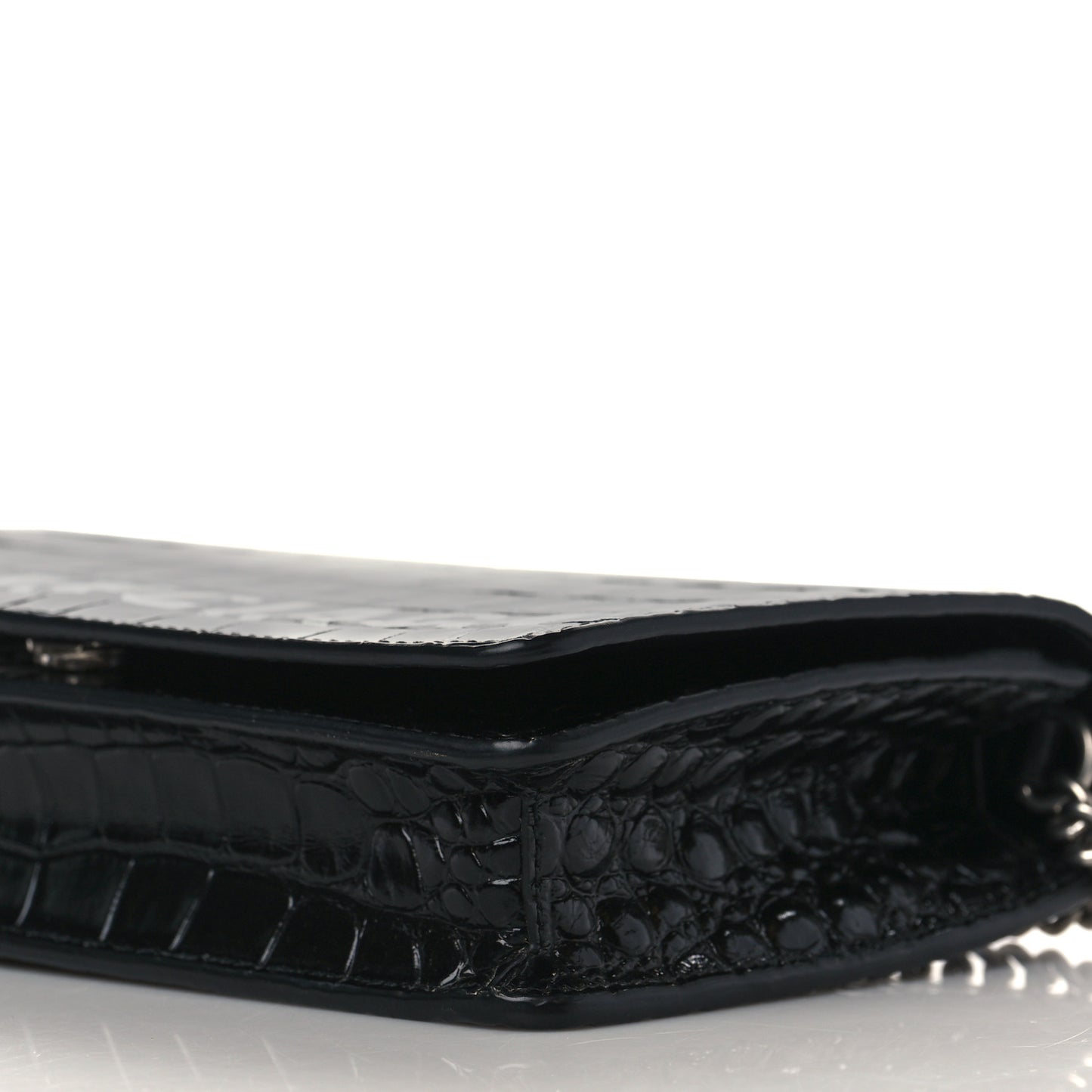 Shiny Calfskin Logo Crocodile Embossed Ville Wallet on Chain Black
