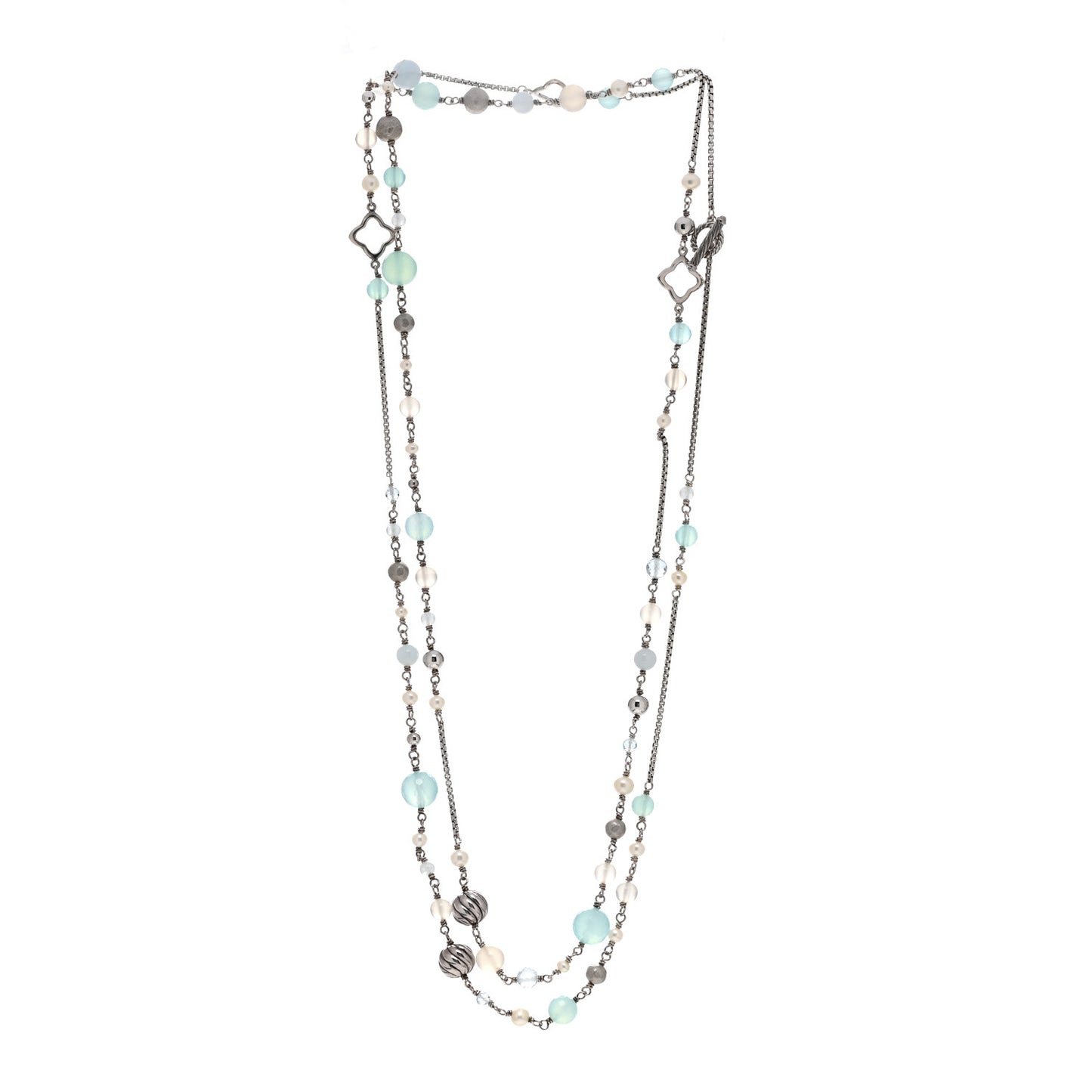 Sterling Silver Aquamarine Pearl Blue Topaz Chalcedony Moon Quartz 14mm Quatrefoil Necklace