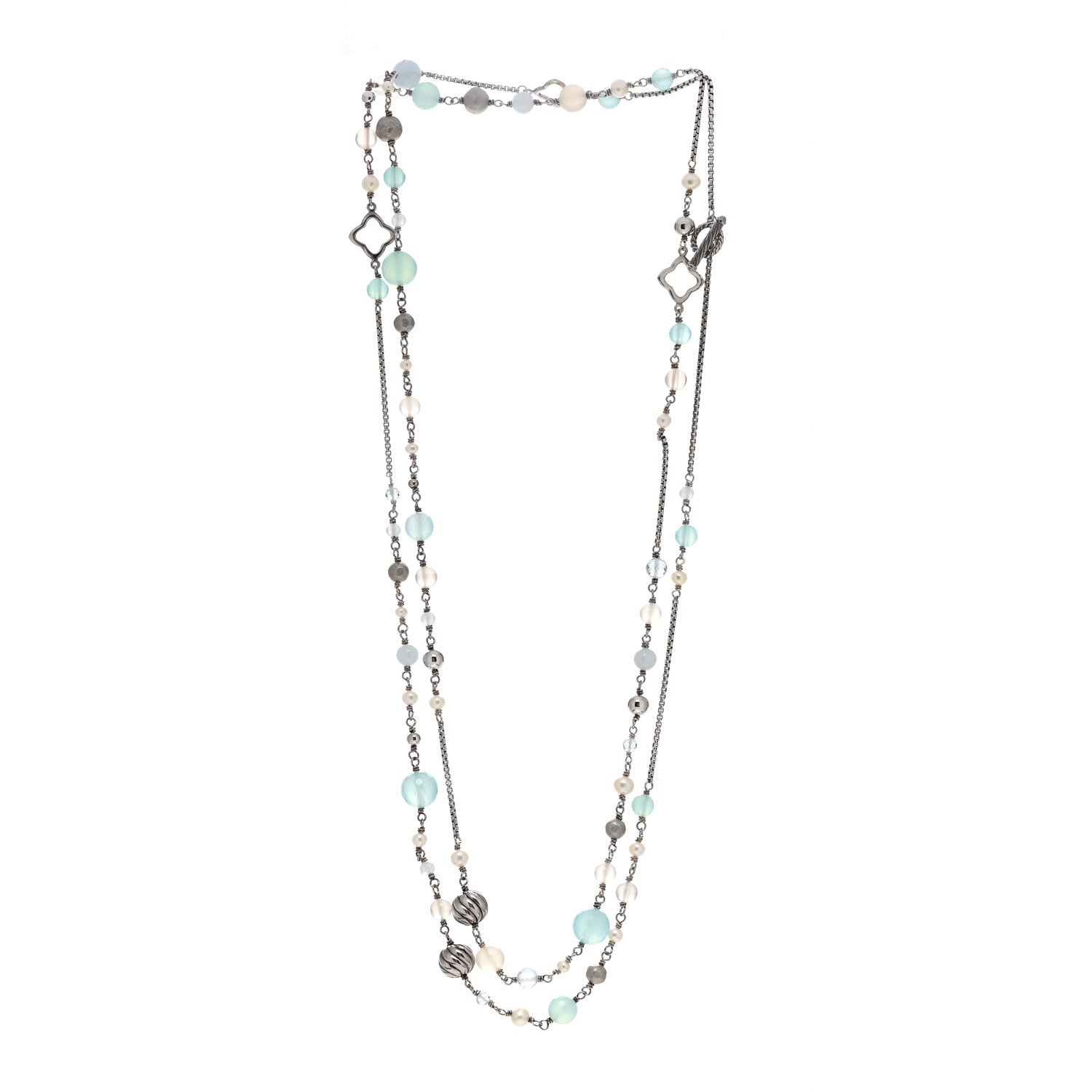 David Yurman Sterling Silver Aquamarine Pearl Blue Topaz Chalcedony Moon Quartz 14mm Quatrefoil Necklace 3 of 4