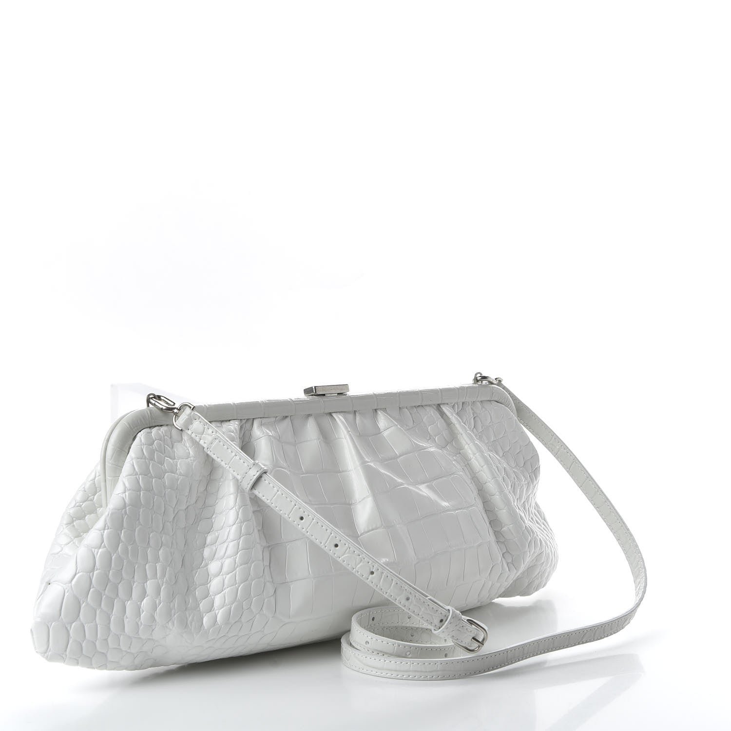 Balenciaga Shiny Supple Calfskin Logo Crocodile Embossed XL Cloud Clutch White 3 of 10