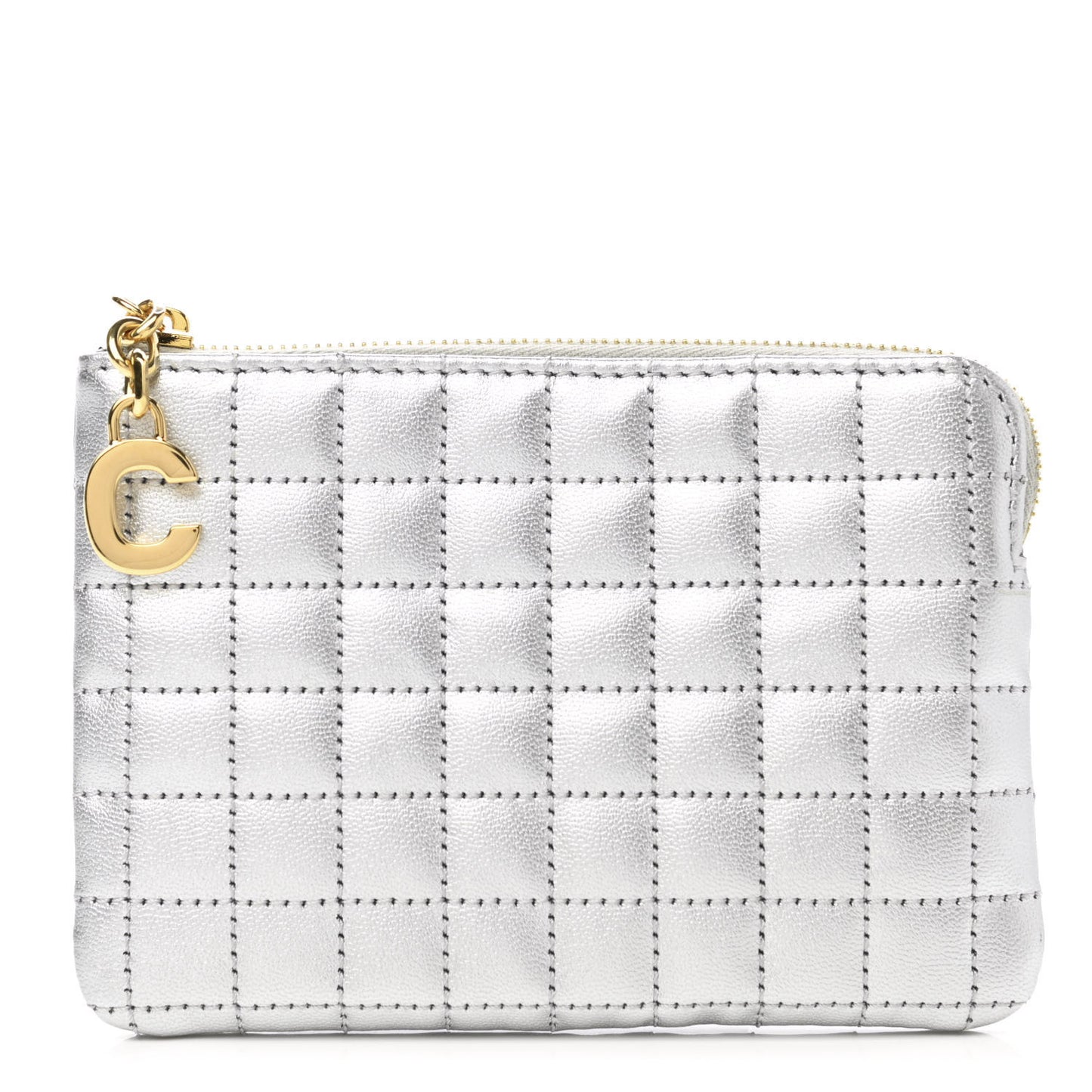 Laminated Calfskin Quilted C Charm Coin Card Pouch Silver