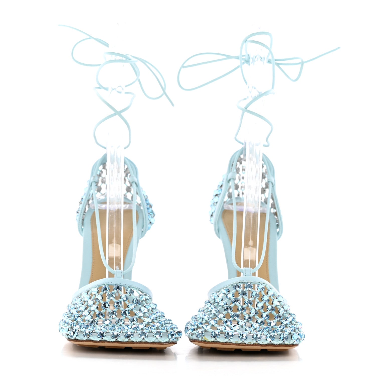 Bottega Veneta Mesh Nappa Crystal Embellished Sparkle Stretch Ankle Tie Sandals 38 Pale Blue 2 of 13