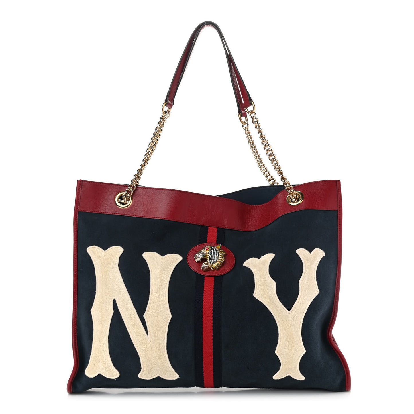 X MLB Suede Calfskin NY Yankees Large Rajah Chain Tote New Blue Romantic Cherry