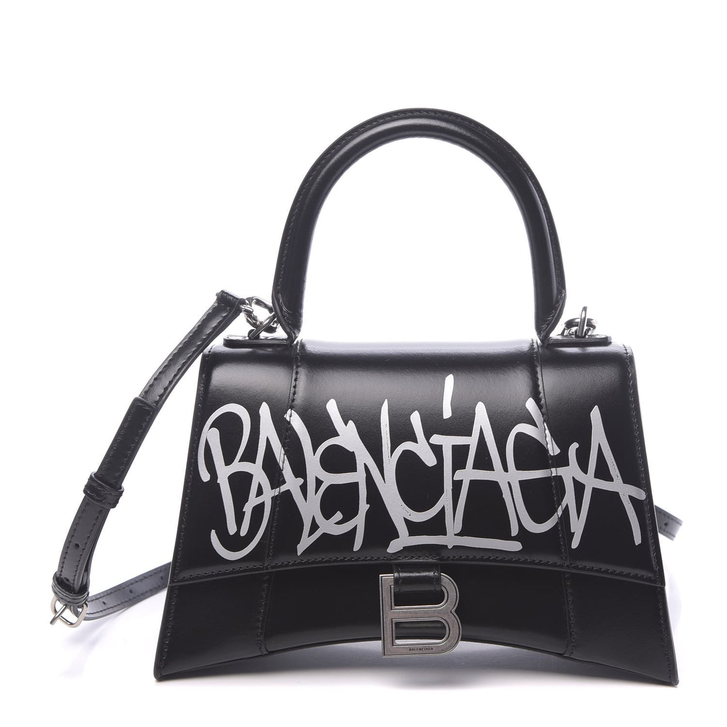 Shiny Box Calfskin Graffiti Logo Small Hourglass Top Handle Bag Black Silver