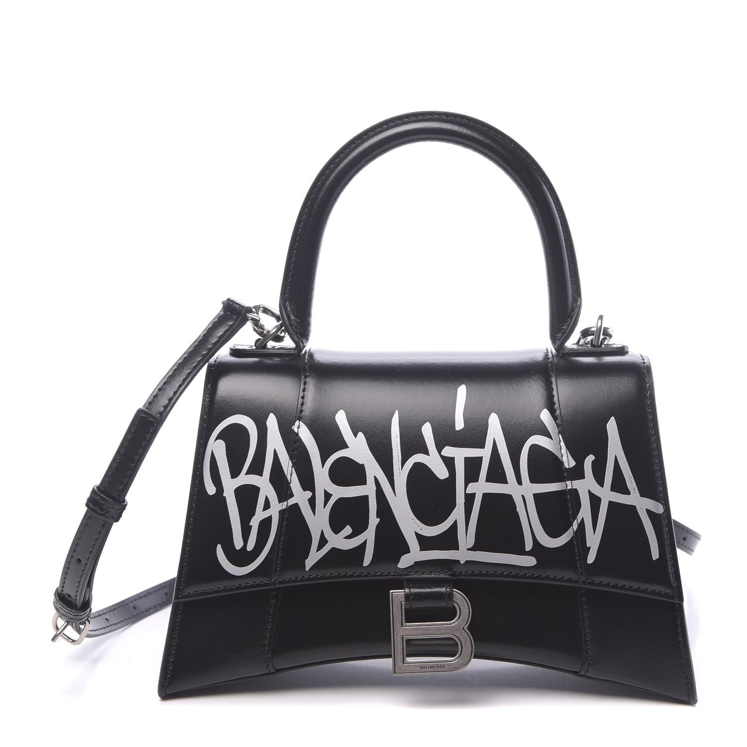 Balenciaga Shiny Box Calfskin Graffiti Logo Small Hourglass Top Handle Bag Black Silver 1 of 10