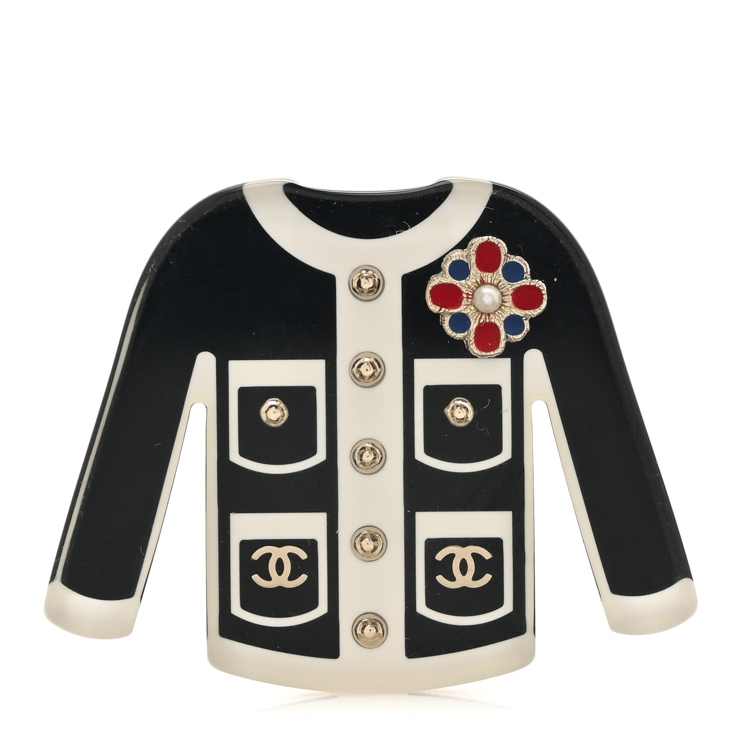 Chanel Resin Pearl Tweed Cardigan CC Brooch Black White 1594185