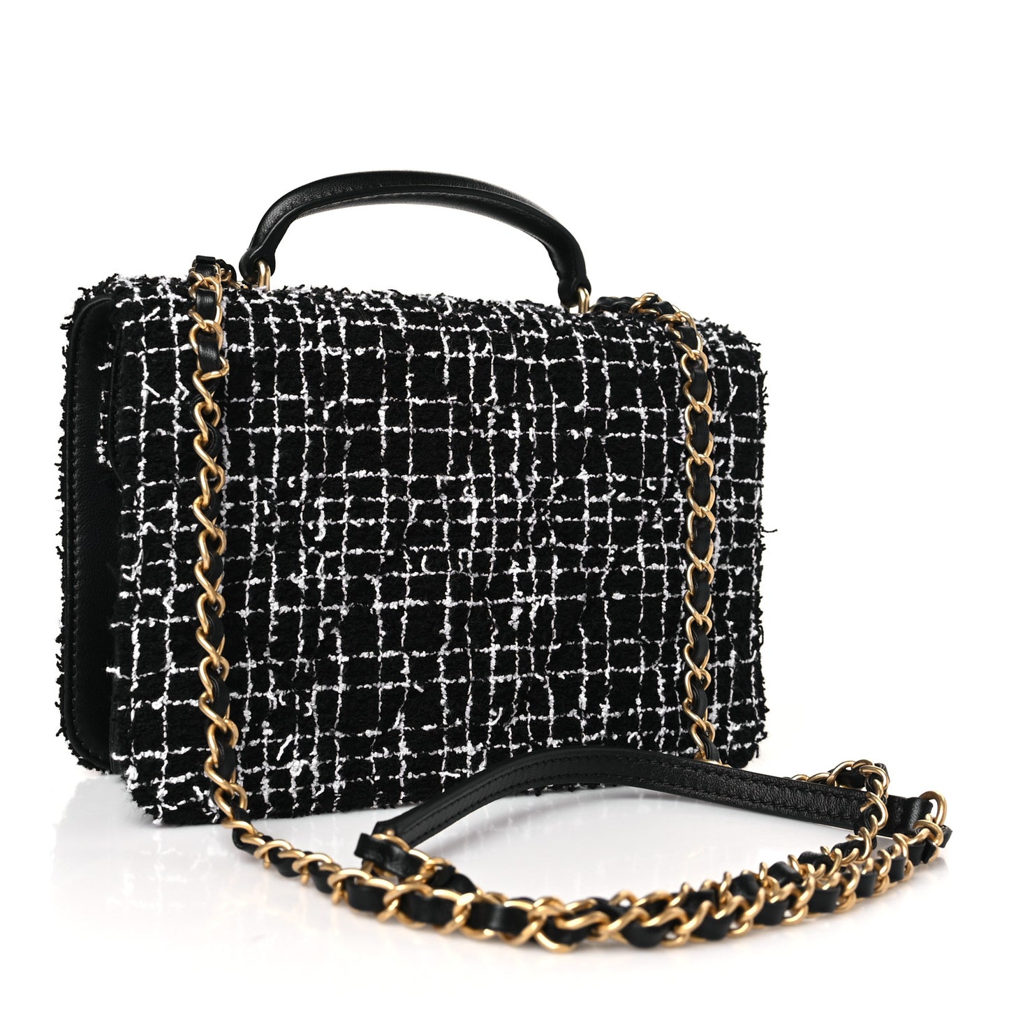 Tweed Lambskin Quilted Top Handle Flap Black White