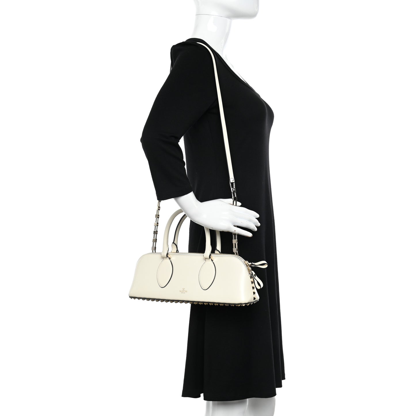 Smooth Calfskin Rockstud East West Top Handle Bag Ivory