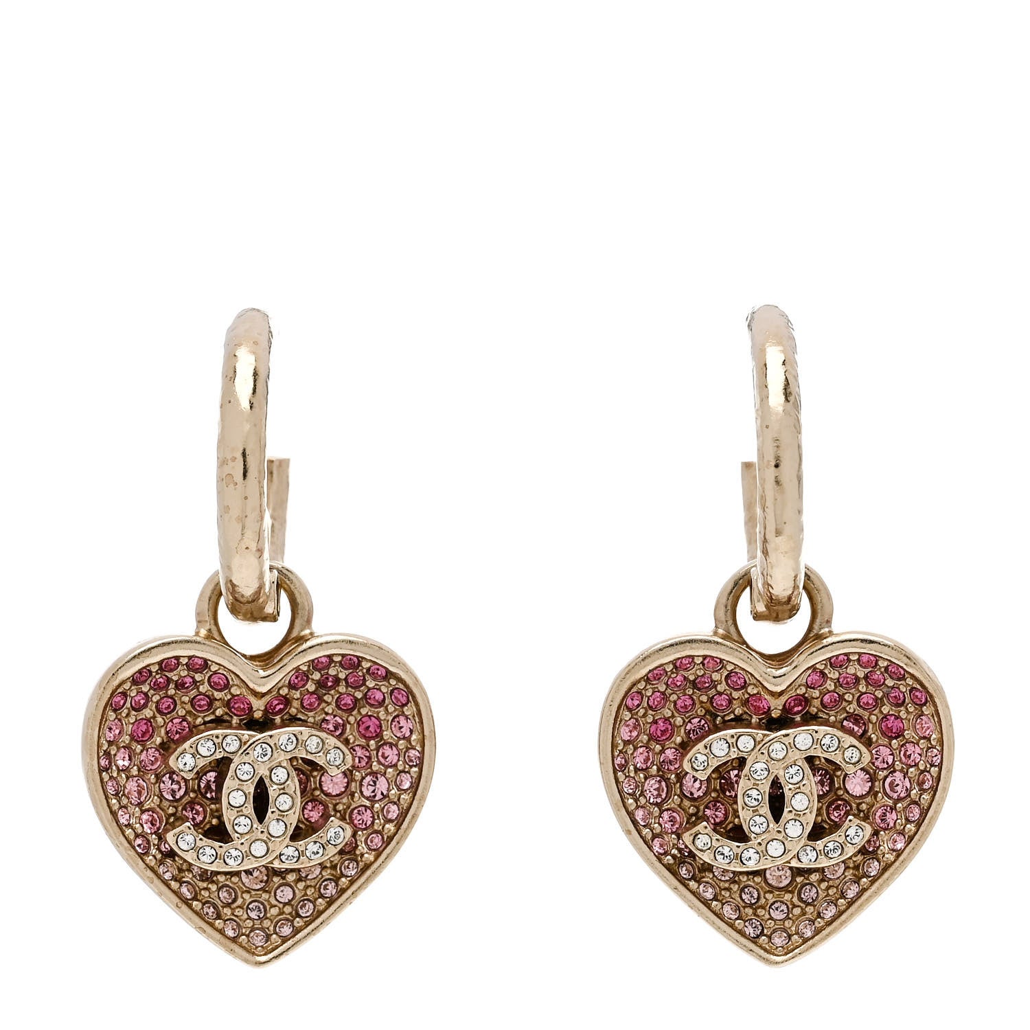 Chanel Crystal Resin CC Heart Drop Hoop Earrings Pink Gold 1 of 6