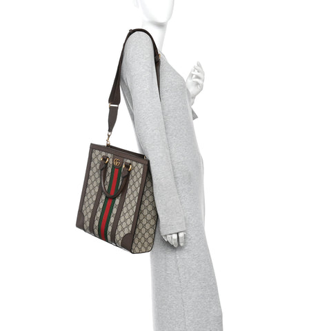 GG Supreme Monogram Textured Dollar Calfskin Web Medium Ophidia Tote Bag Beige Ebony