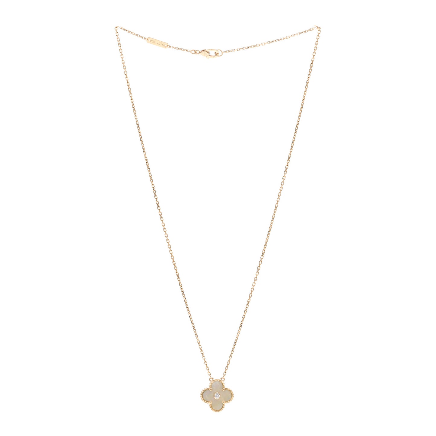 18K Yellow Gold Diamond Yellow Mother of Pearl Vintage Alhambra Pendant Necklace