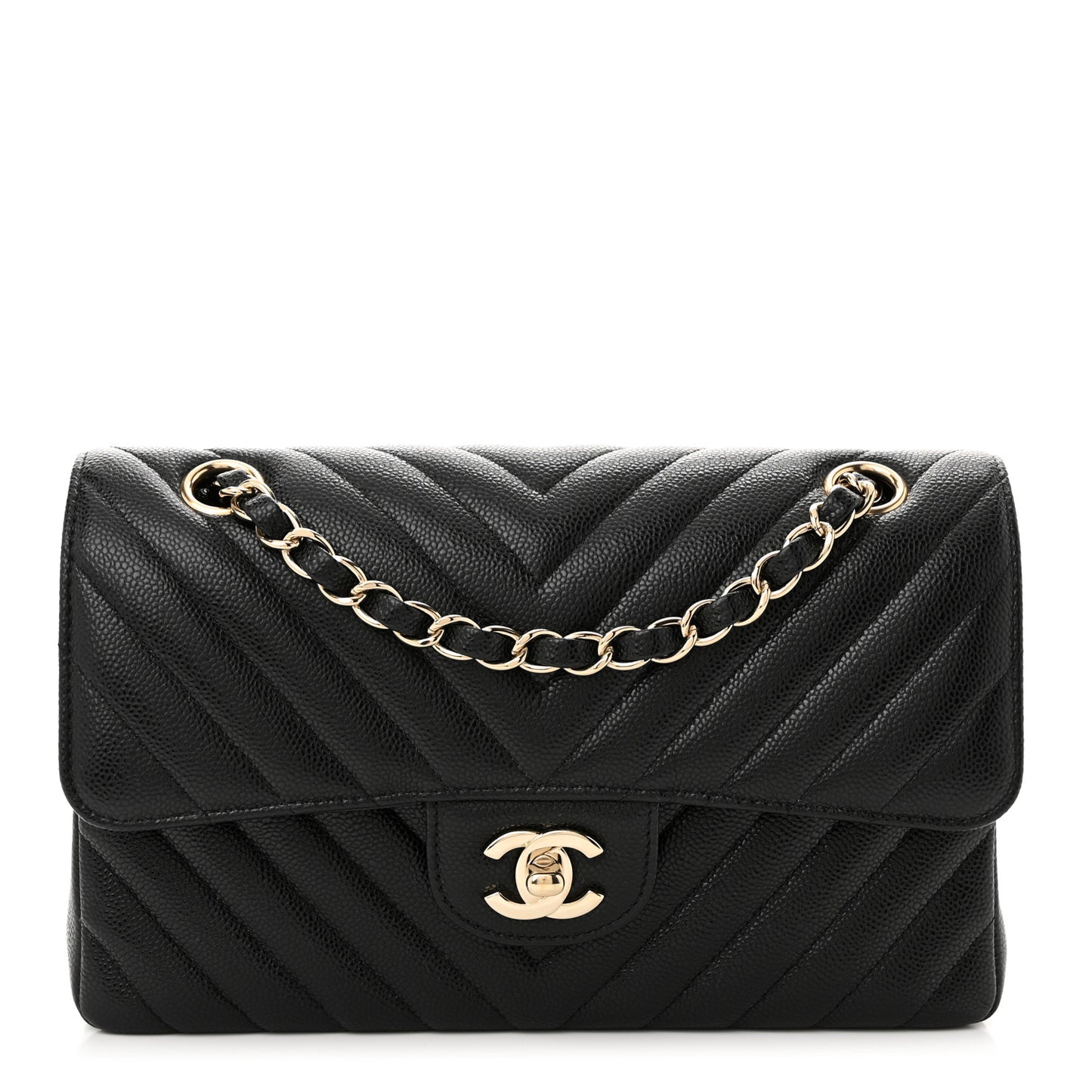 Caviar Chevron Quilted Small Double Flap Black