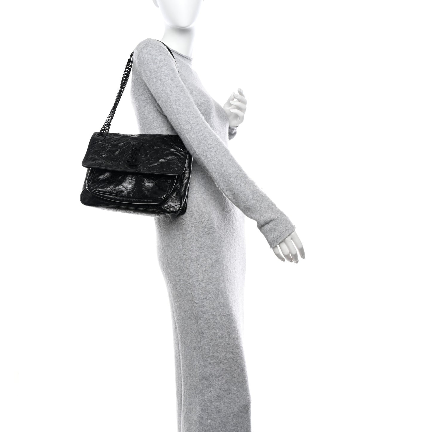 Crinkled Calfskin Matelasse Monogram Medium Niki Chain Satchel Black