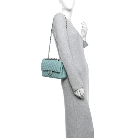 Caviar Quilted Medium Double Flap Light Blue