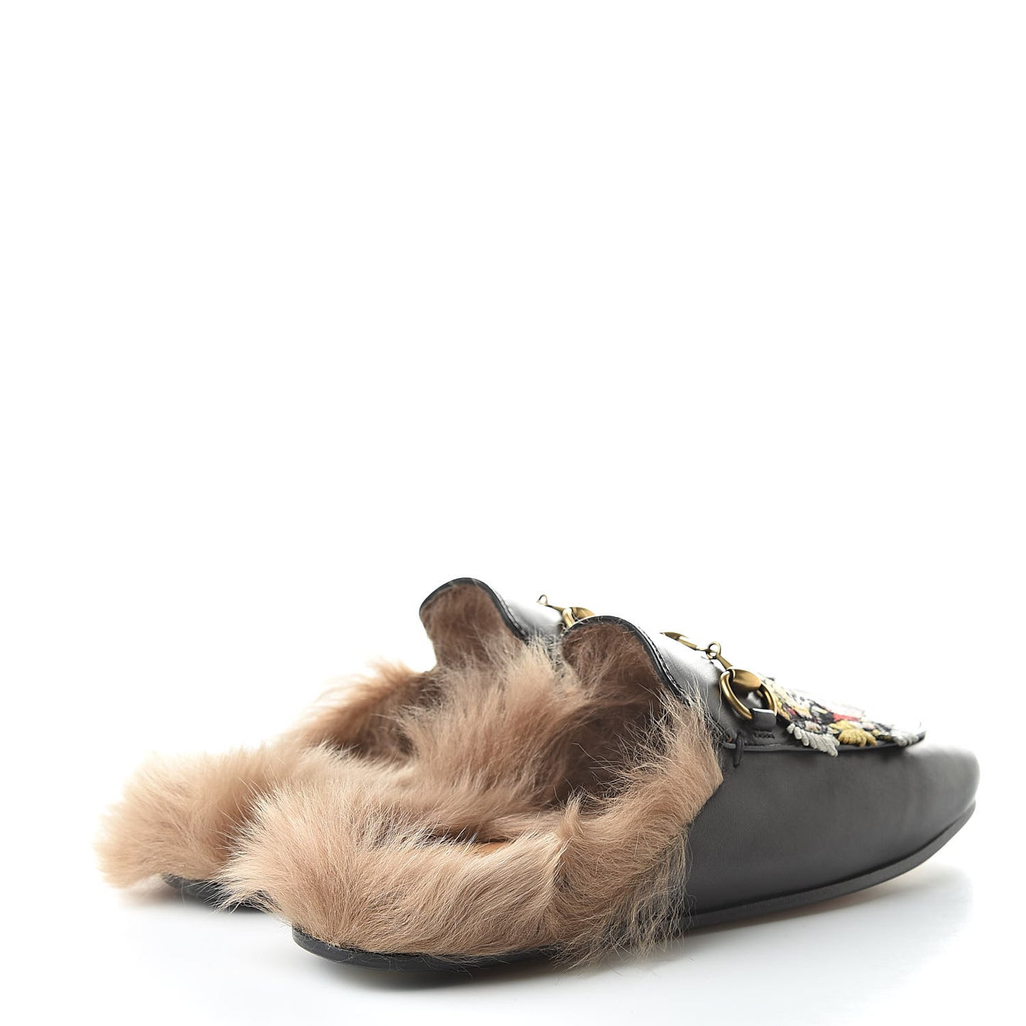Calfskin Fur Tiger Embroidered Womens Princetown Slippers 35.5 Black