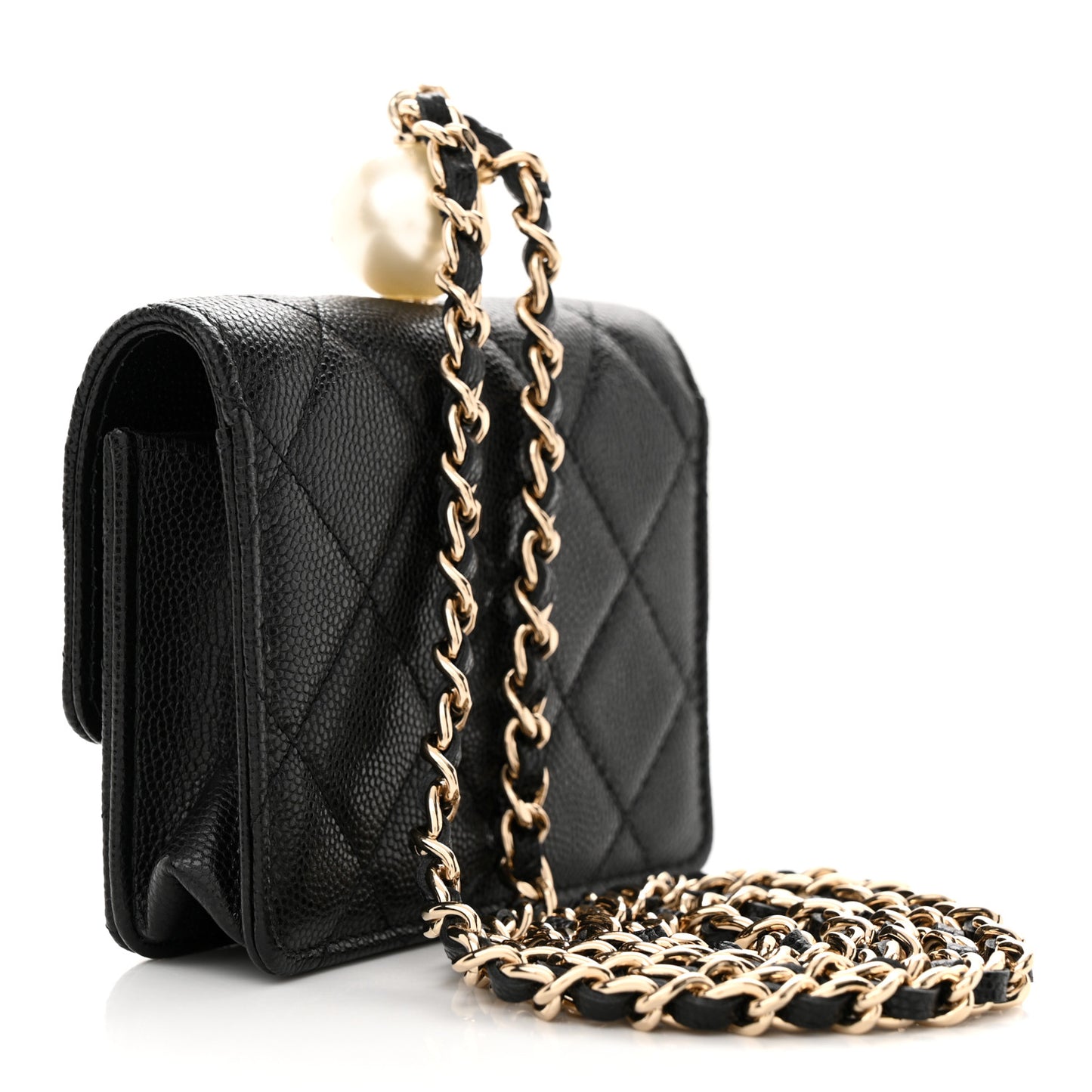 Caviar Quilted Mini Pearl On Top Coin Purse With Chain Black