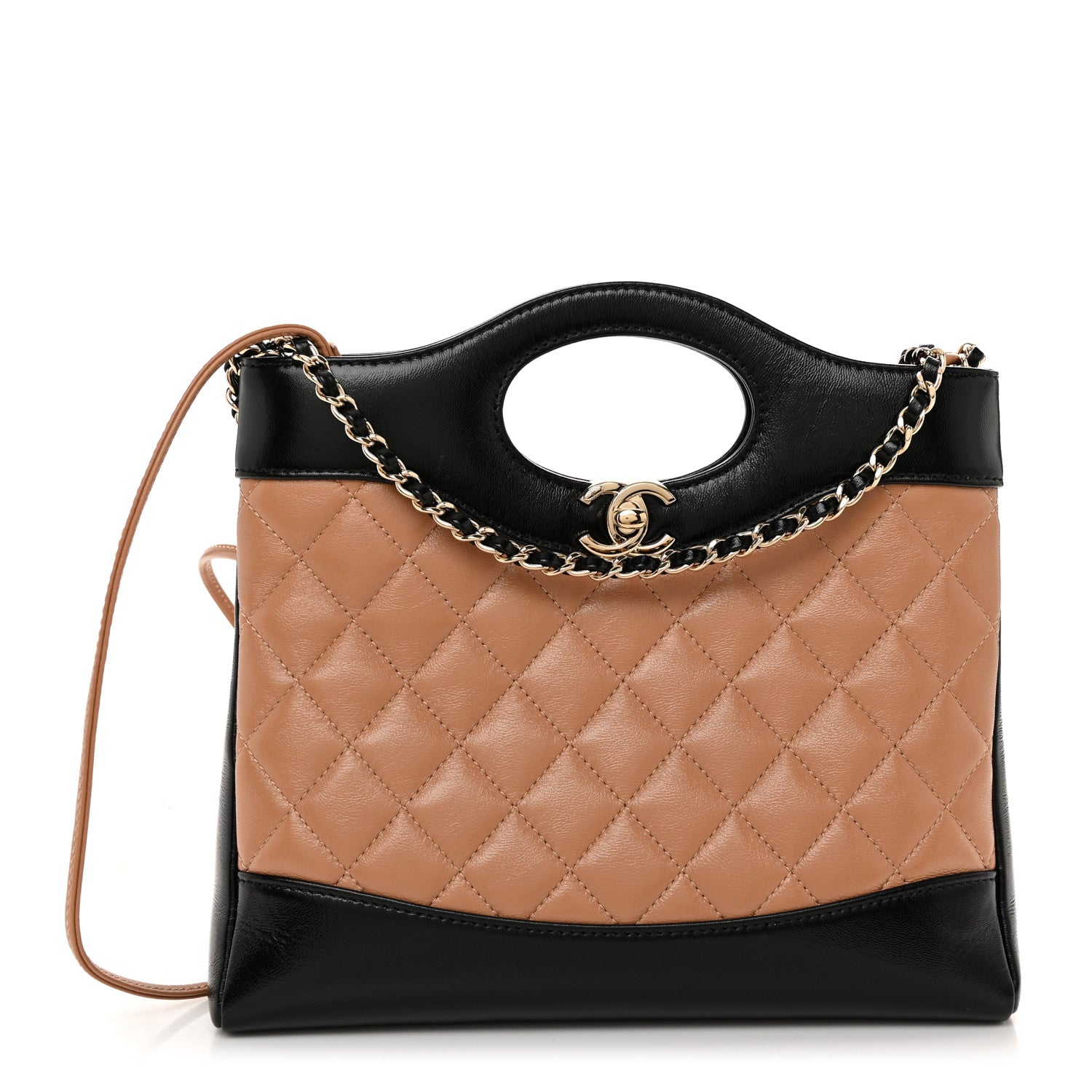 Chanel Shiny Crumpled Calfskin Quilted Mini 31 Shopping Bag Dark Beige Black 1 of 11
