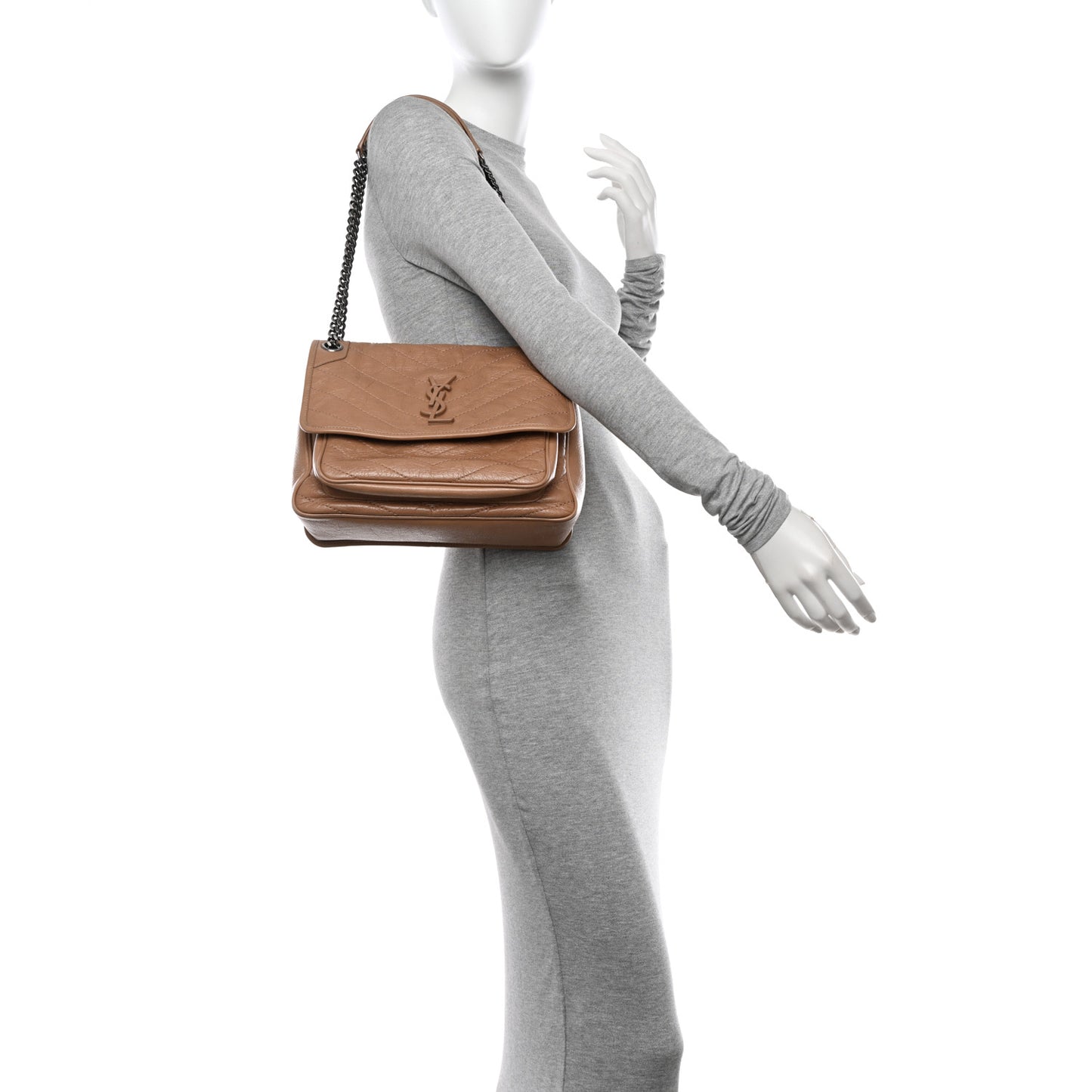 Crinkled Calfskin Matelasse Monogram Medium Niki Chain Satchel Dark Toffee