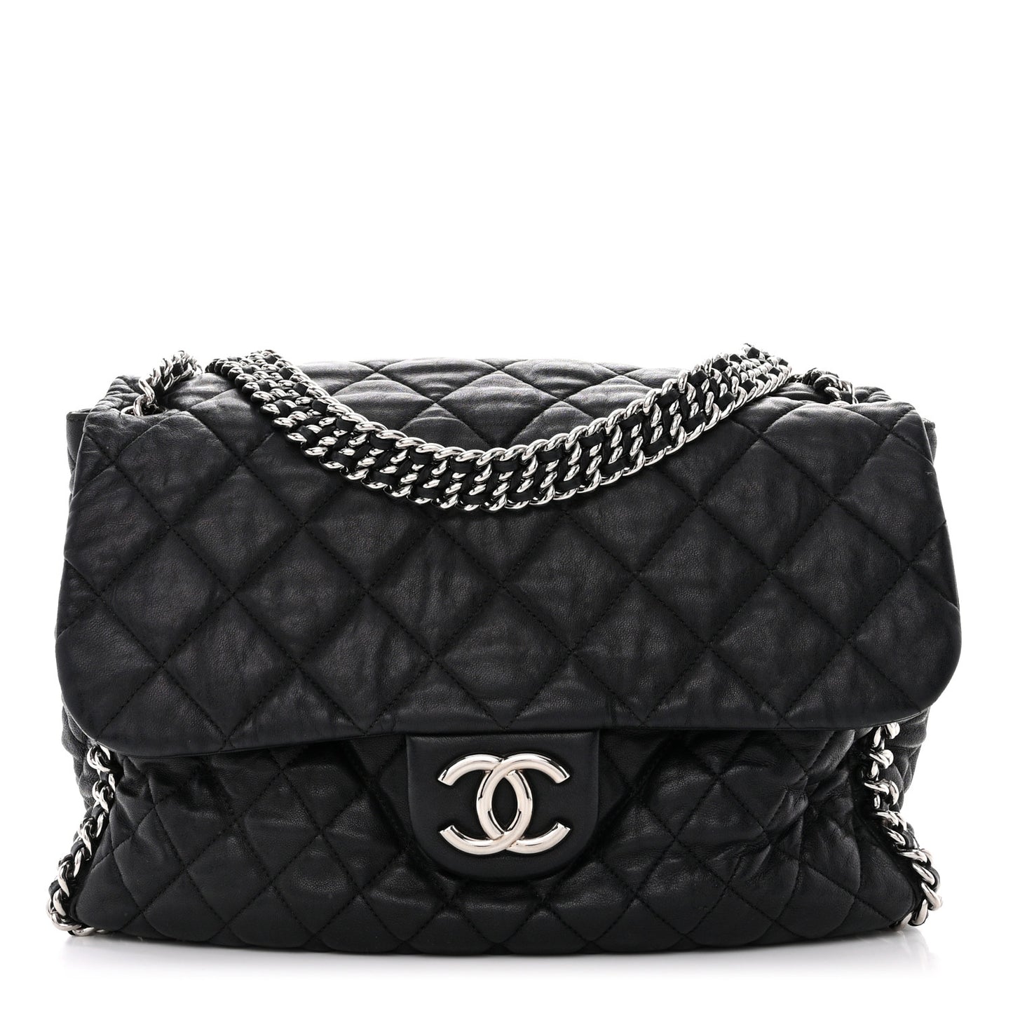 Washed Lambskin Quilted Maxi Chain Around Flap Black
