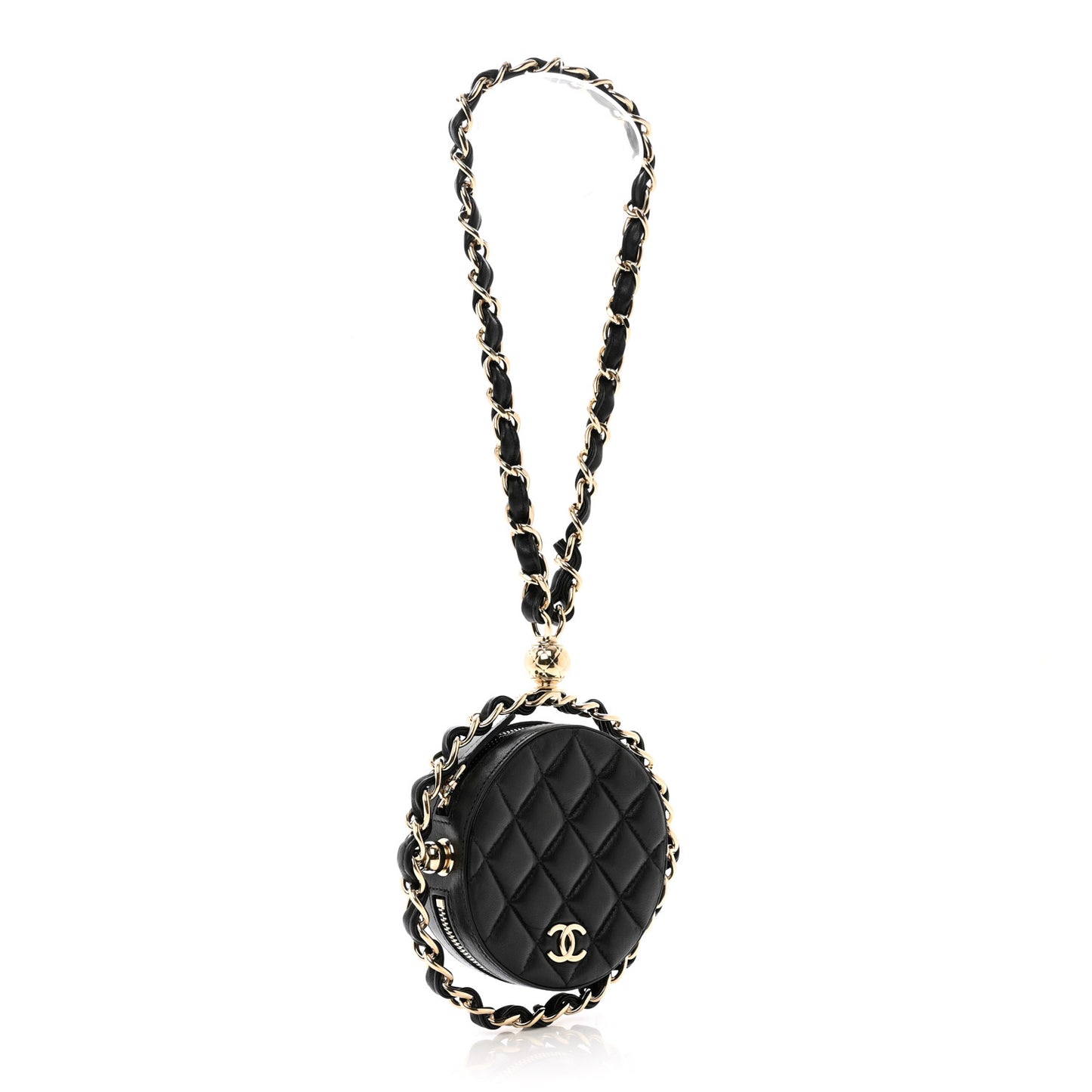 Lambskin Quilted Chain Round Mini Clutch Black