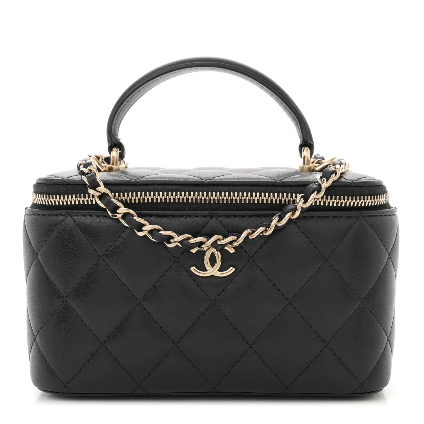 Lambskin Quilted Small Top Handle Vanity Case With Chain Black